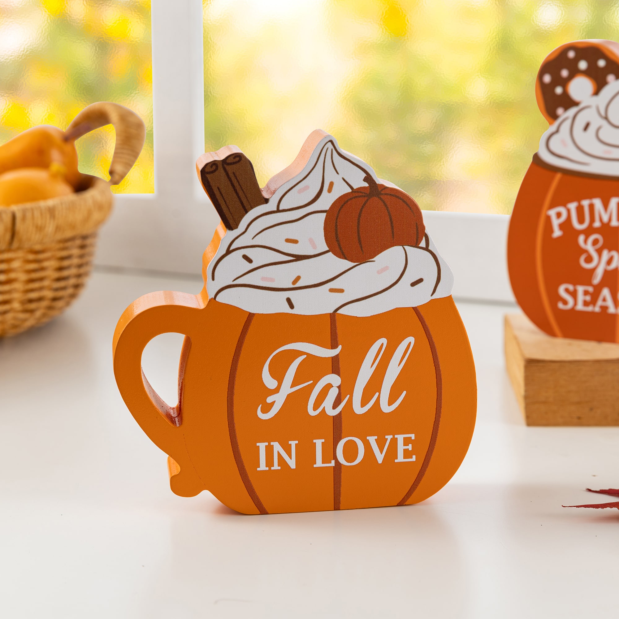 Glitzhome® Set of 2 Fall Wood Pumpkin Coffee Mug Table Decor