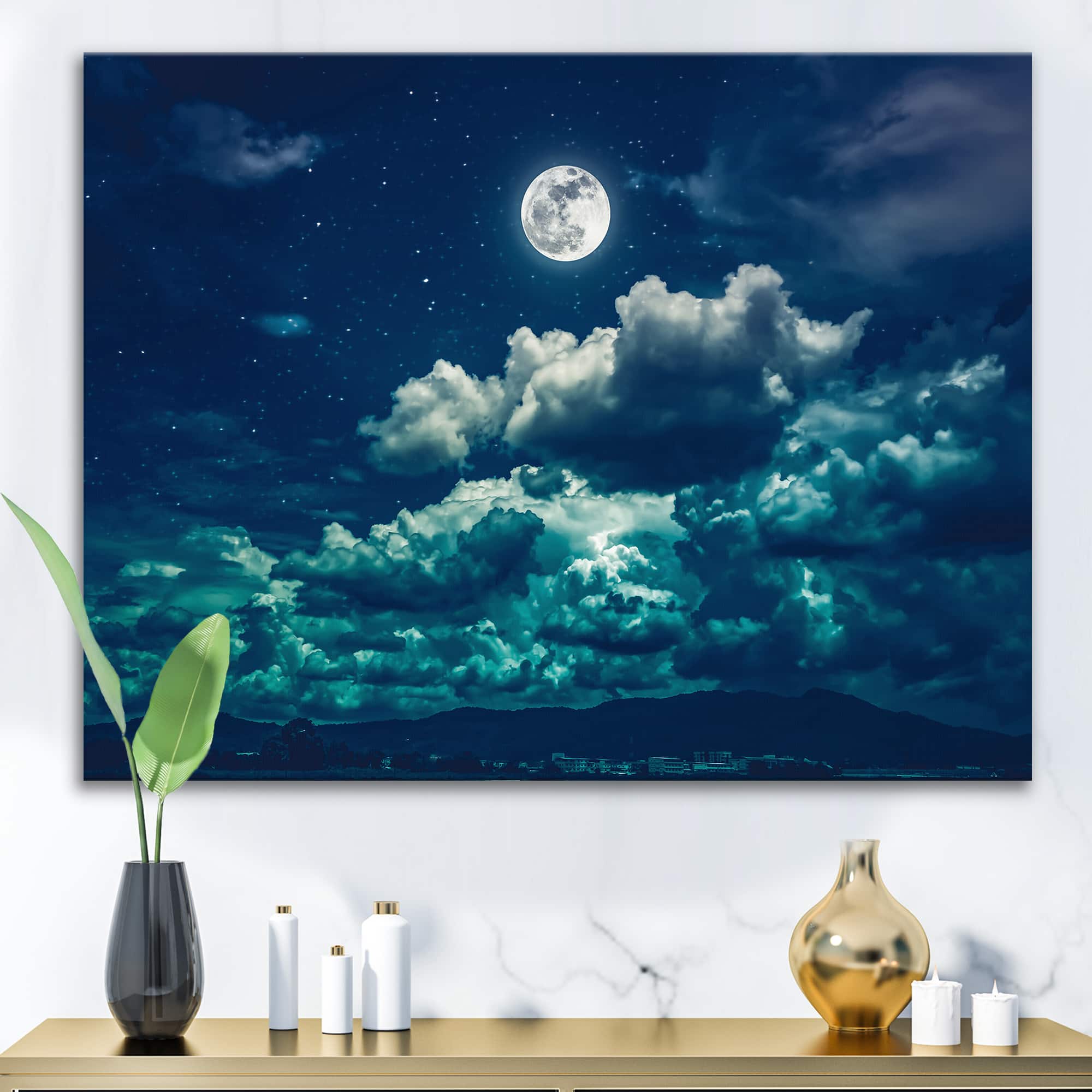 Designart - Full Moon In Cloudy Night Sky II - Nautical & Coastal Canvas Wall Art Print