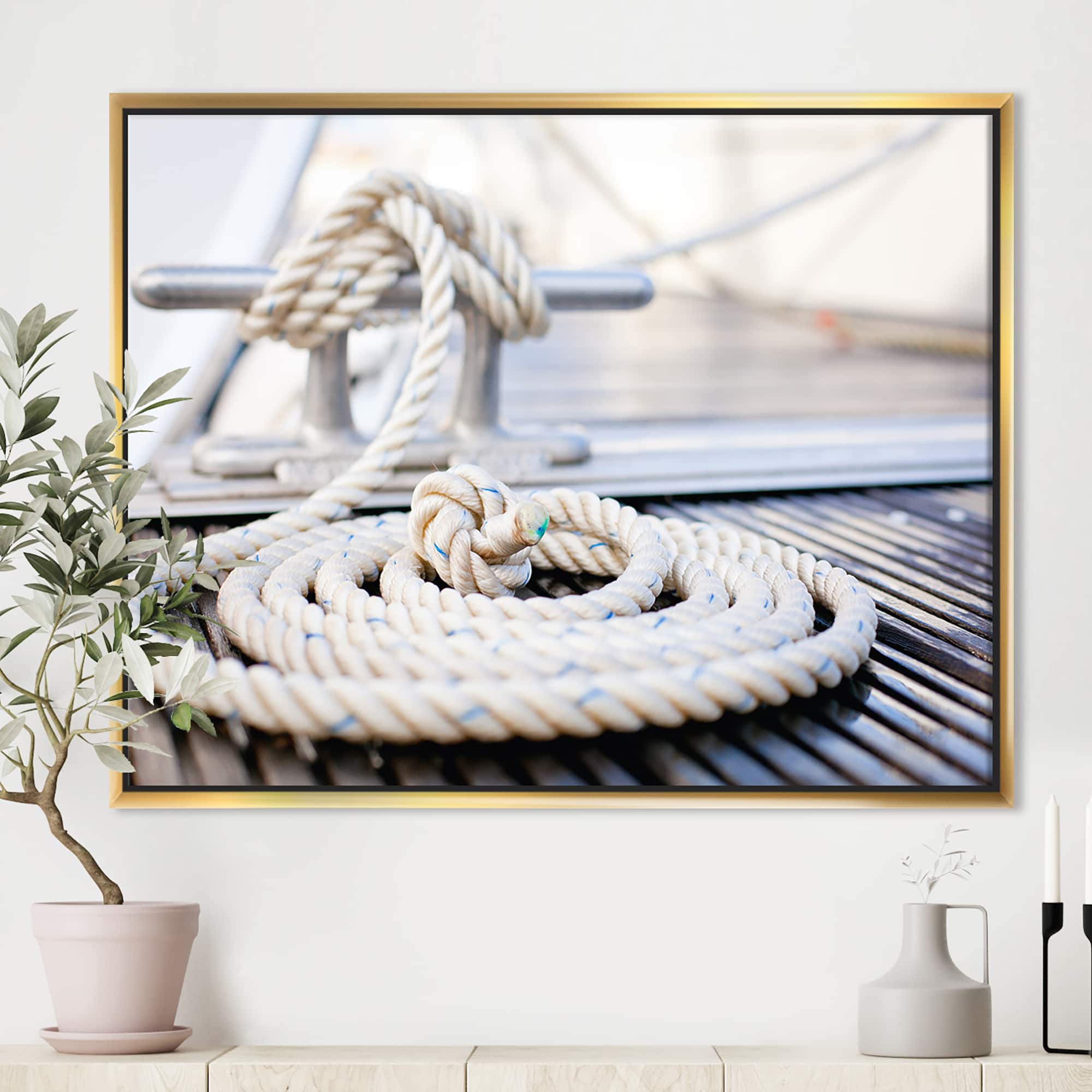 Designart - White Nautical Mooring Rope - Modern Landscape Framed Canvas Art