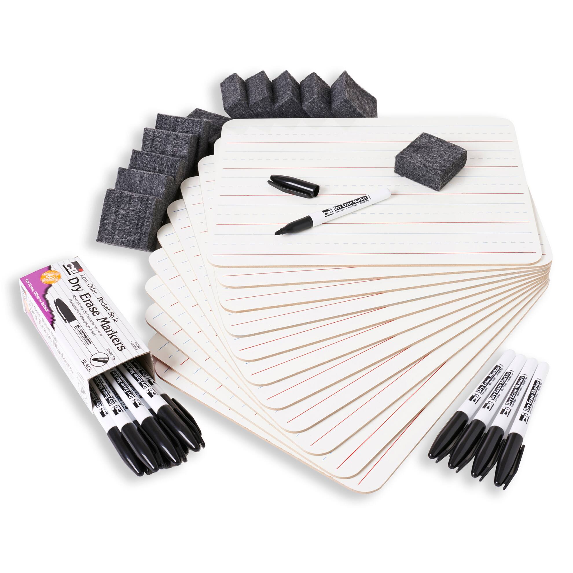 2-Sided Plain & Lined Magnetic Boards Dry Erase with Markers & Erasers Classpack, Pack of 12