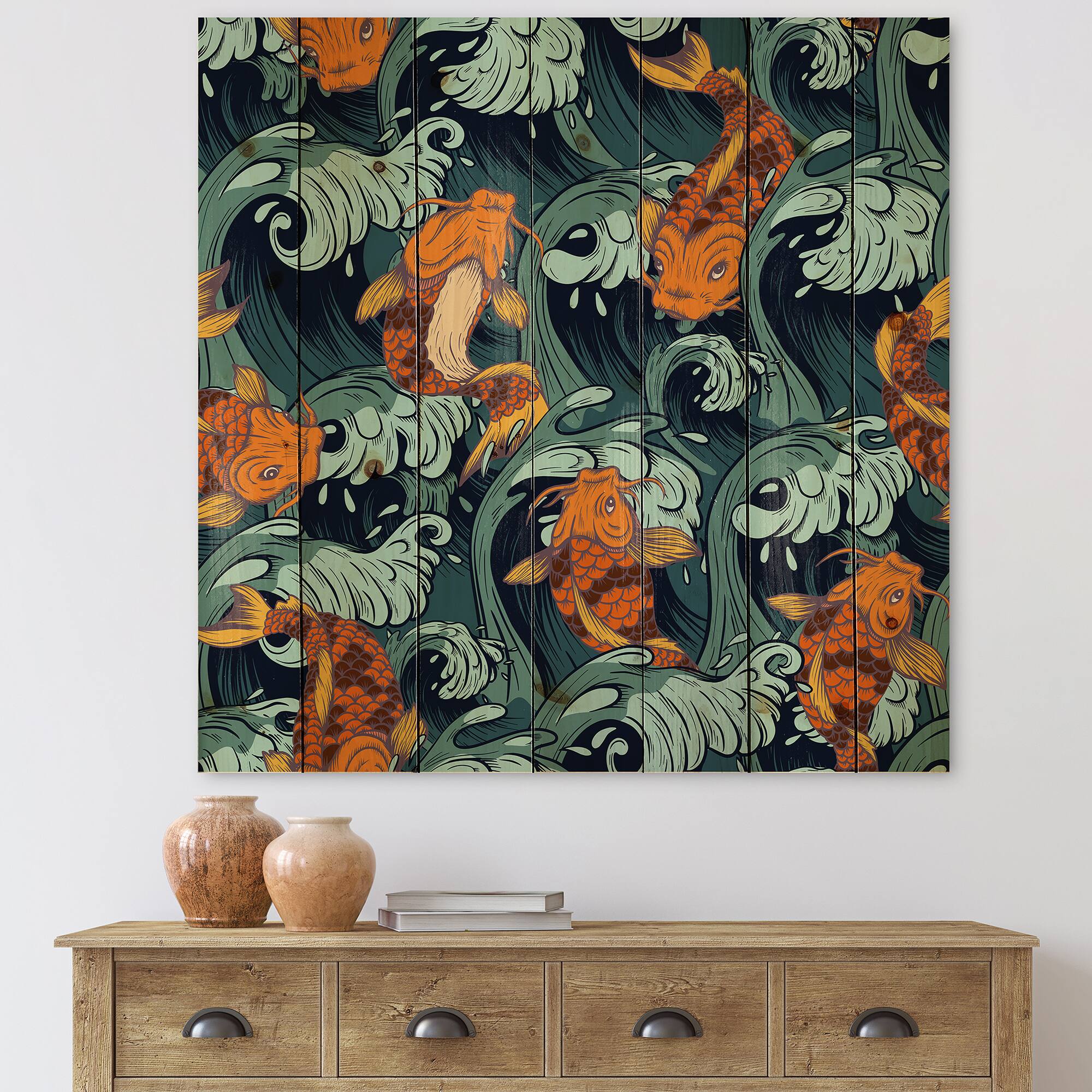 Designart - Japanese Koi Fish - Nautical & Coastal Print on Natural Pine Wood