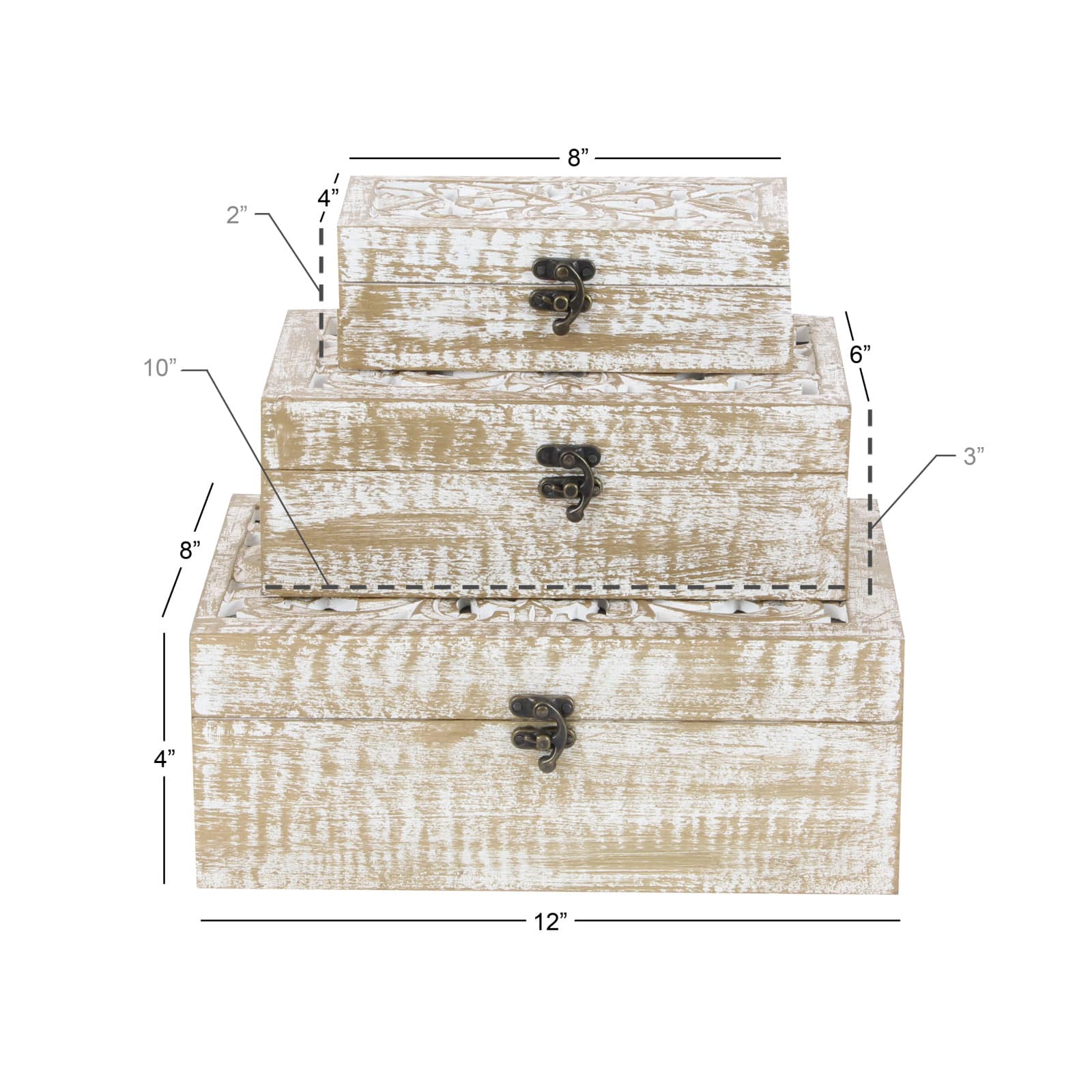 Distressed White Wooden Filigree Decorative Box Set