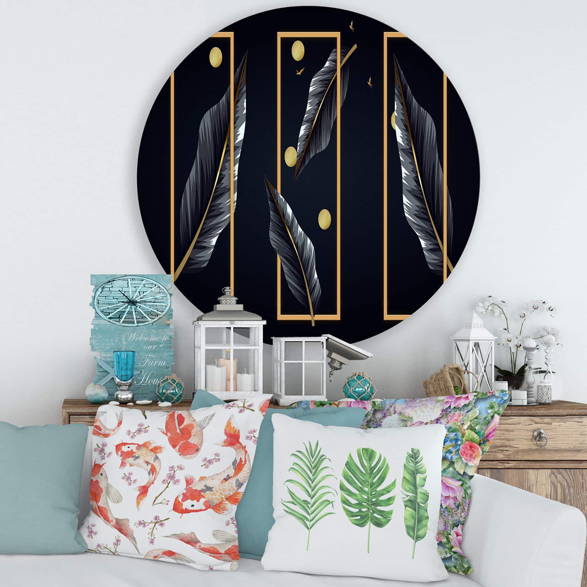 Designart - Black Tropical Leaves With Golden Rectangles