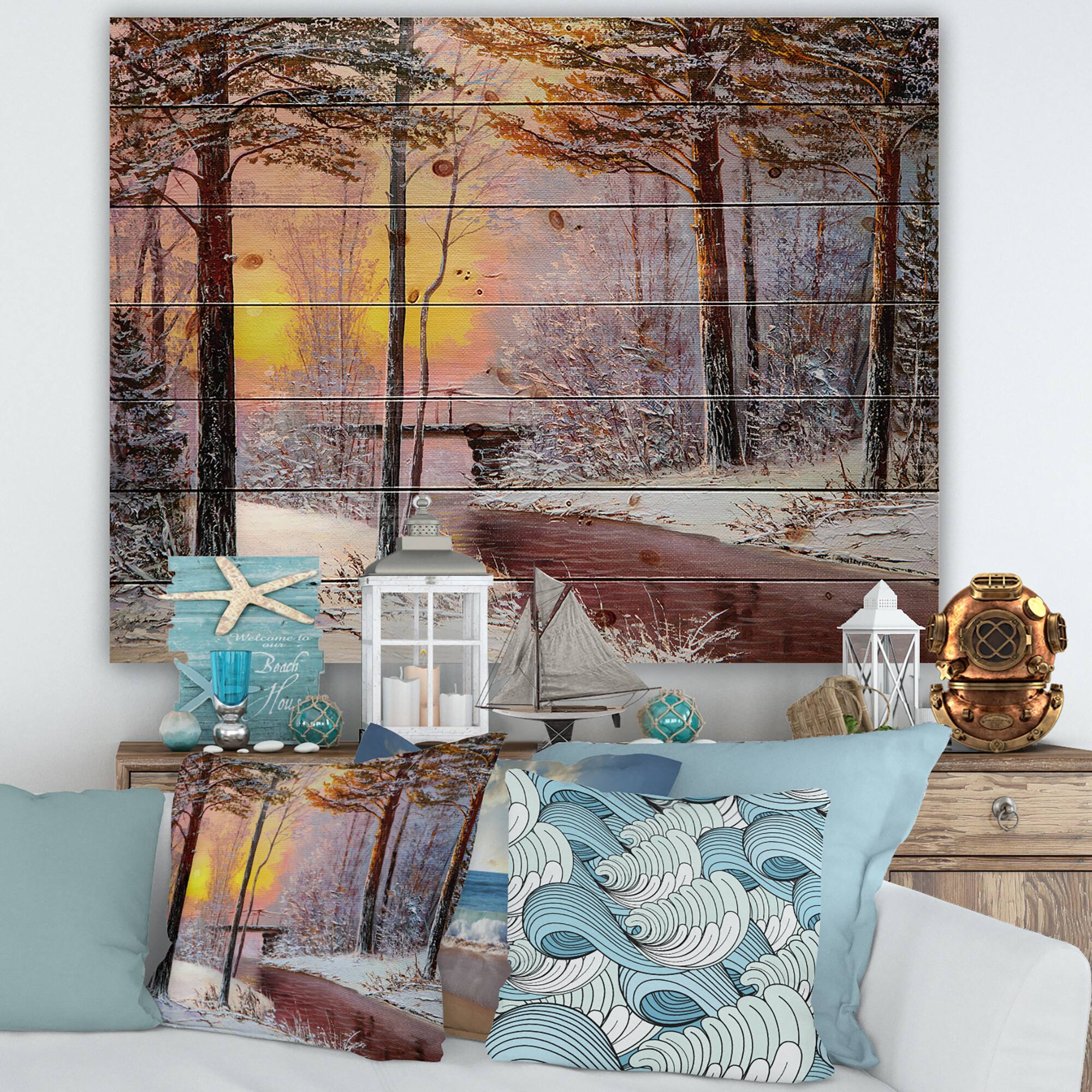 Designart Christmas Forest with River & Trees IV Print on Natural Pine Wood
