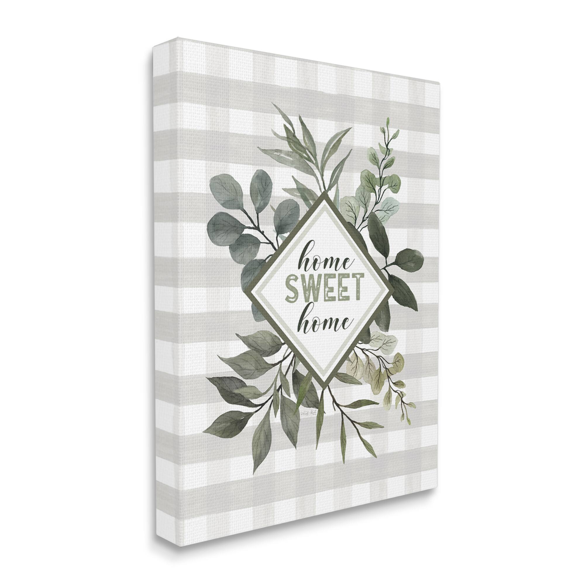 Stupell Industries Home Sweet Home Phrase Green Botanicals Plaid Pattern Canvas Wall Art