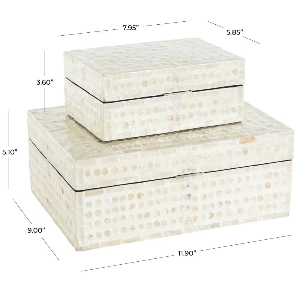 Cream Mother of Pearl Shell Geometric Handmade Mosaic Dot with Brown Accents Storage Box Set