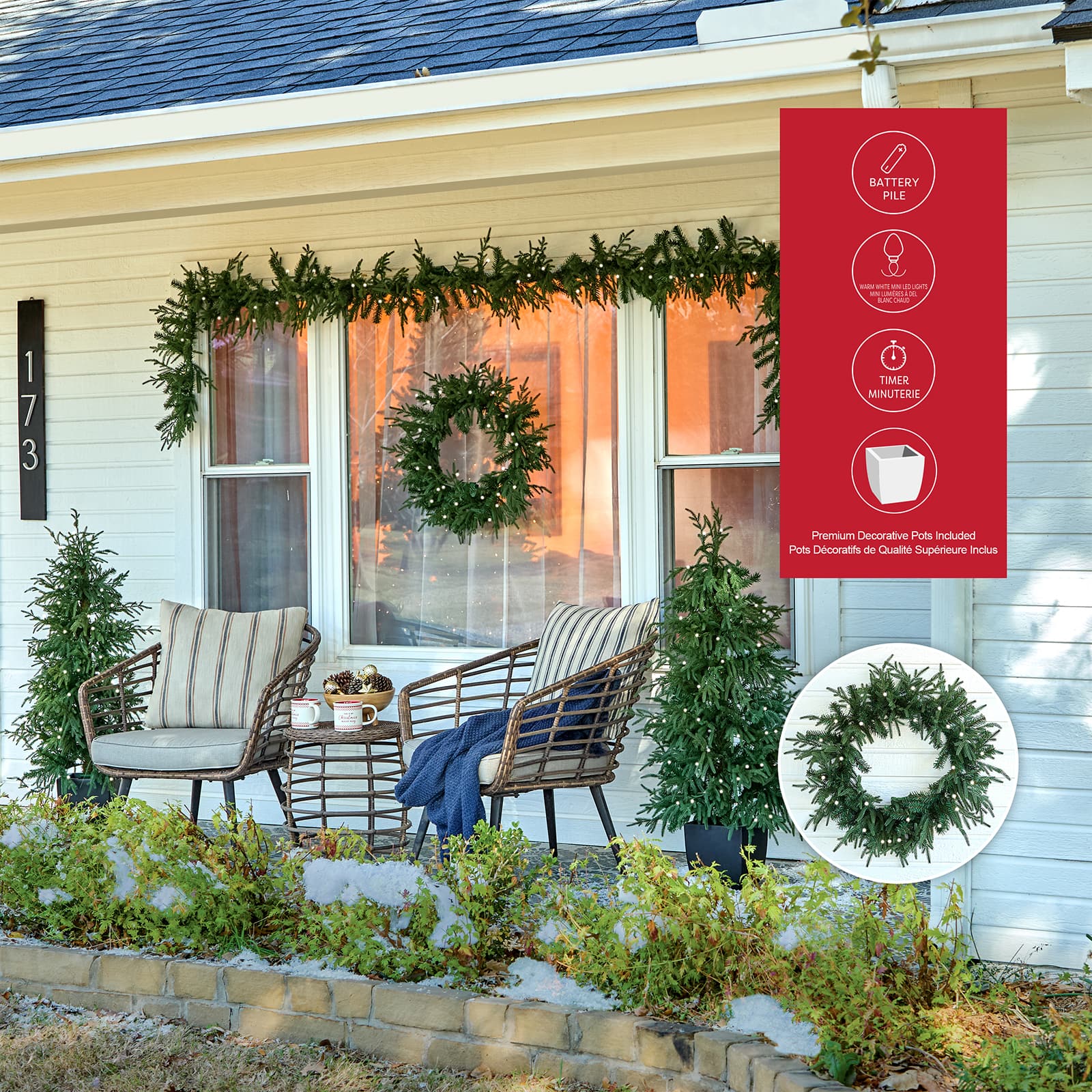 5pc. Pre-Lit Norfolk Pine Potted Artificial Christmas Trees, Garlands & Wreath, Warm White Mini LED Lights by Ashland®