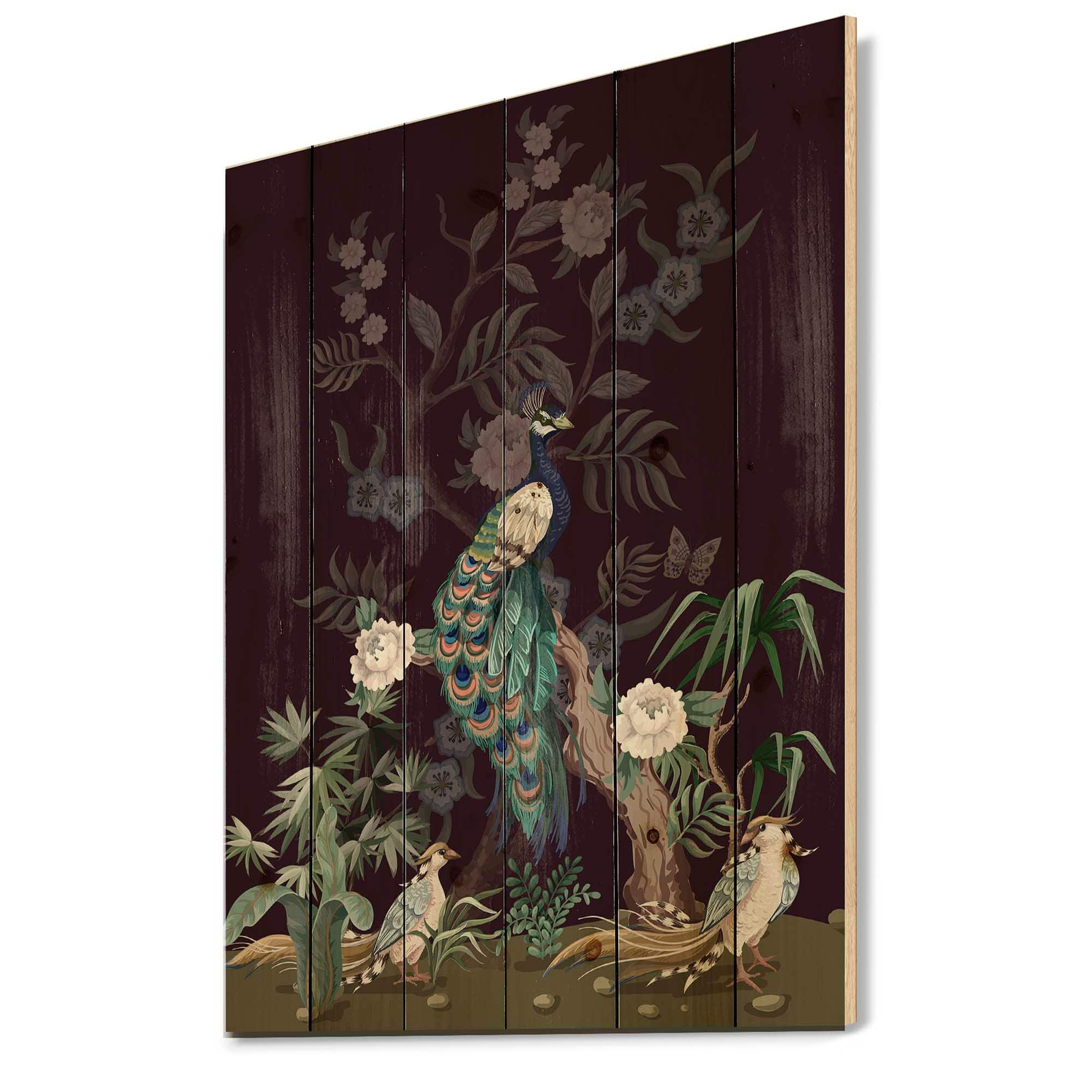 Designart - Chinoiserie With Birds and Peonies V - Traditional Print on Natural Pine Wood