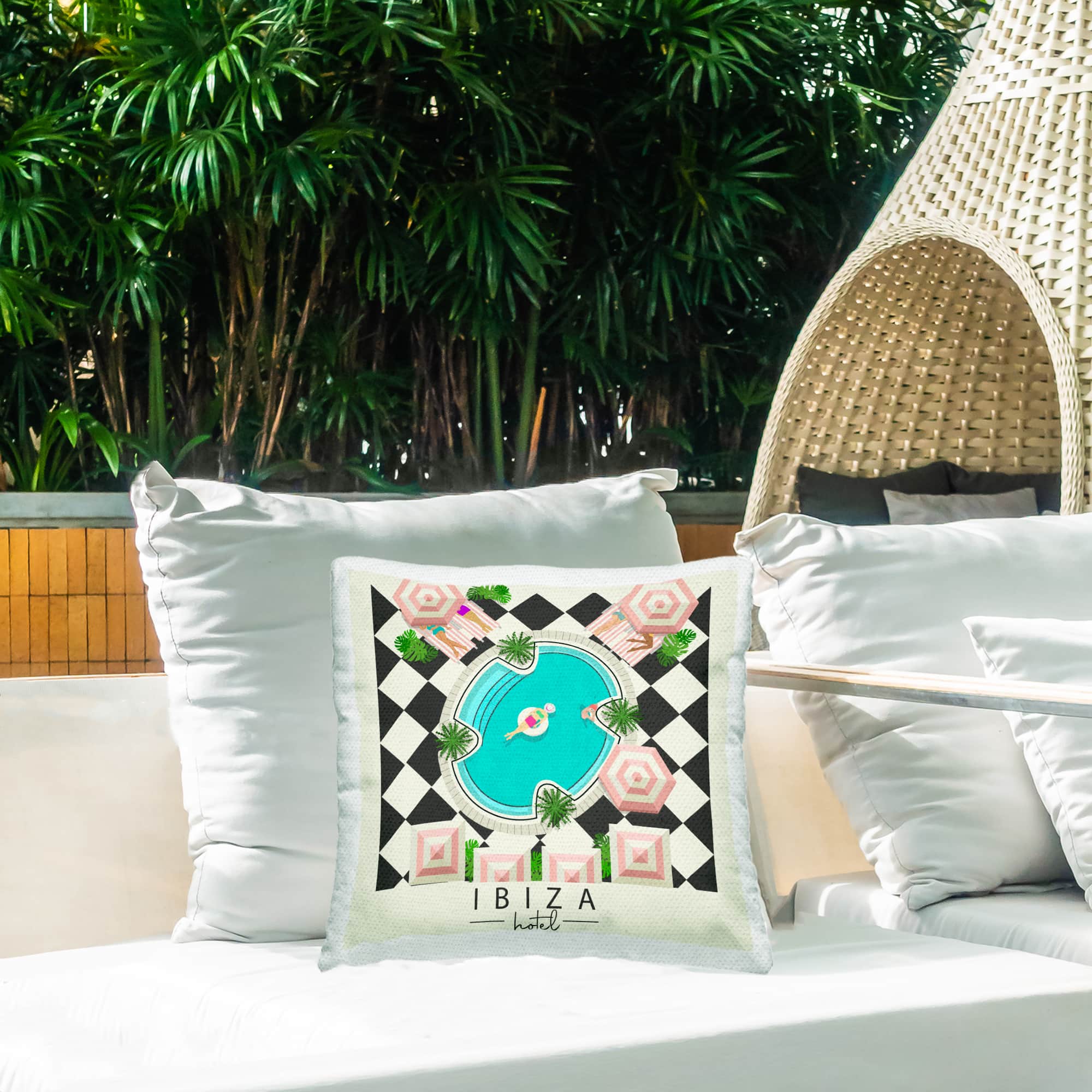 Stupell Industries 18" x 18" Ibiza Hotel Vacation Outdoor Print Throw Pillow