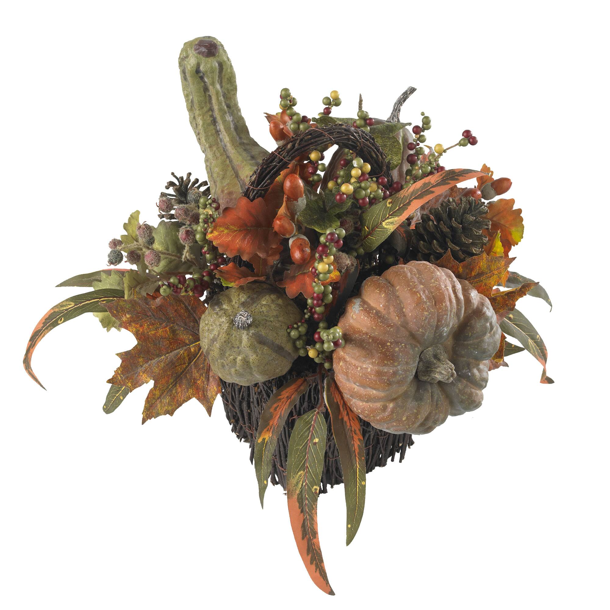 15" Green Fall Pumpkin & Berry Table Arrangement in Twig Base