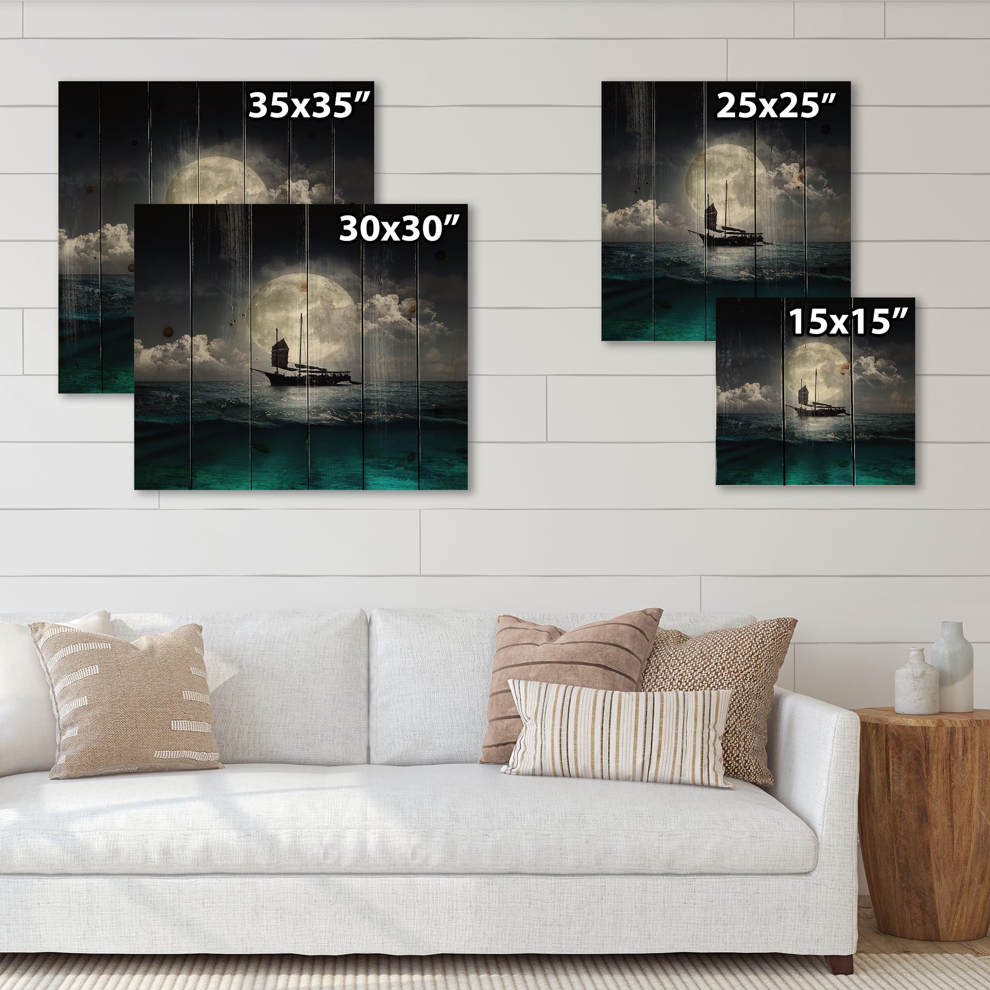 Designart - Fisher Boat On The Lake During Full Moon - Nautical & Coastal Print on Natural Pine Wood