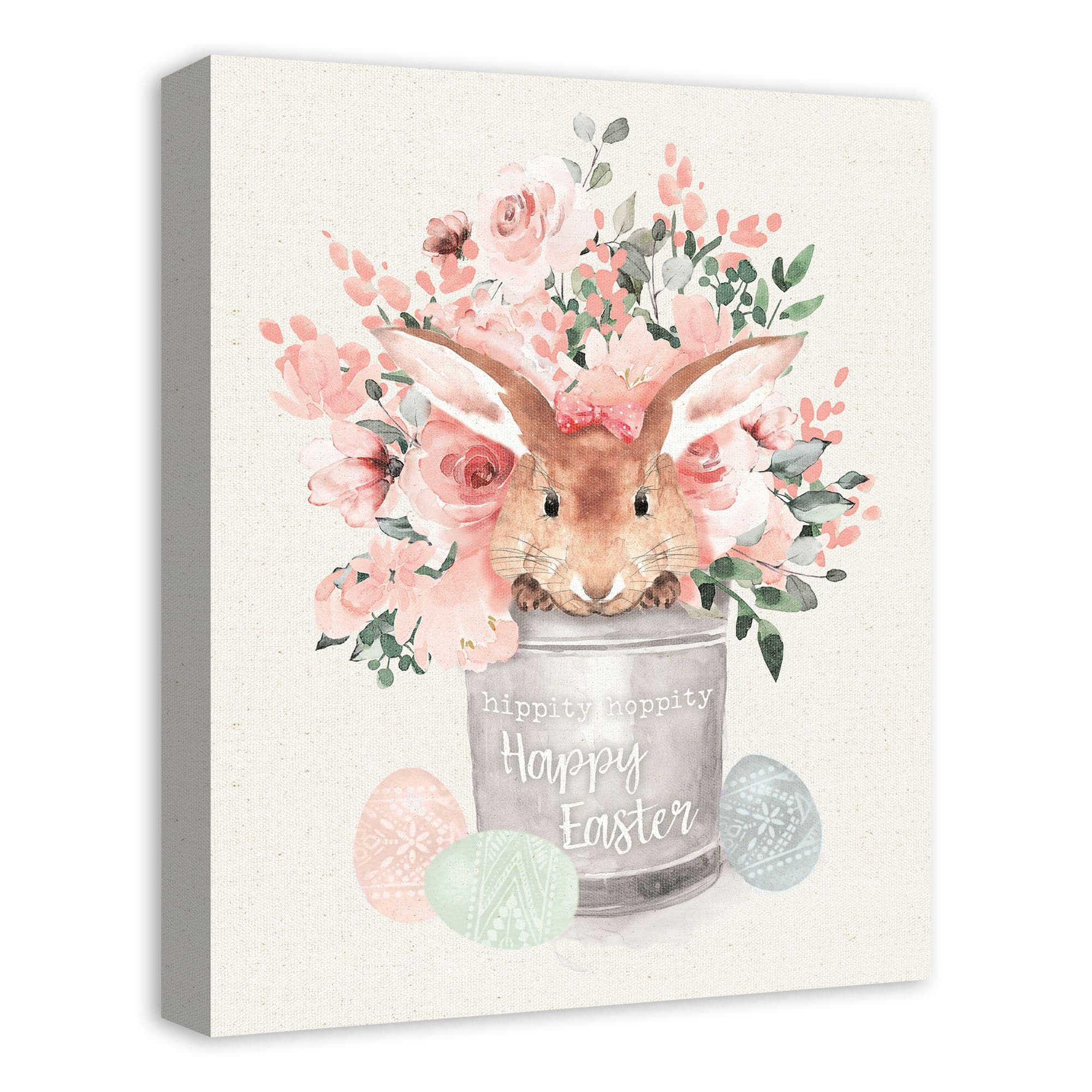 Easter Bunny Floral Bucket 16" x 20" Canvas Wall Art