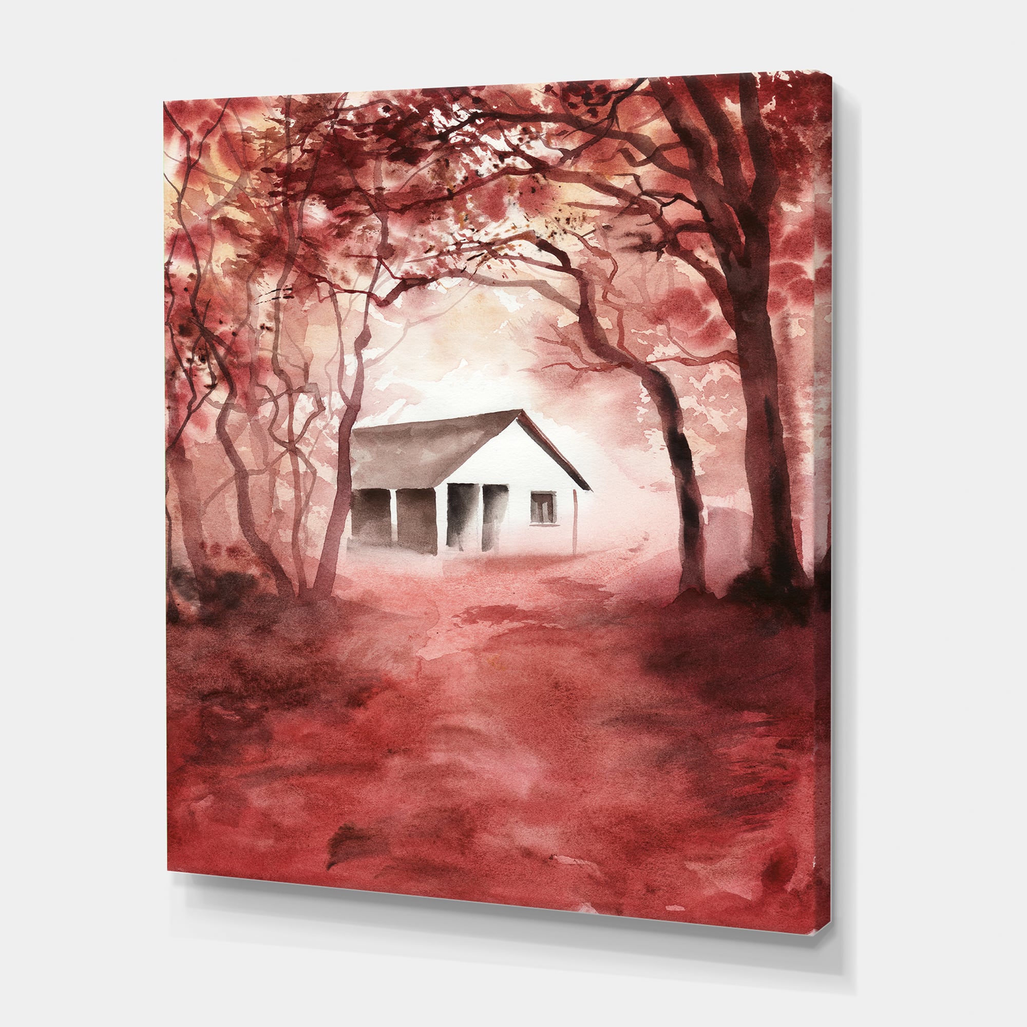 Designart - House In Red Autumn Woods - Cabin & Lodge Canvas Wall Art Print