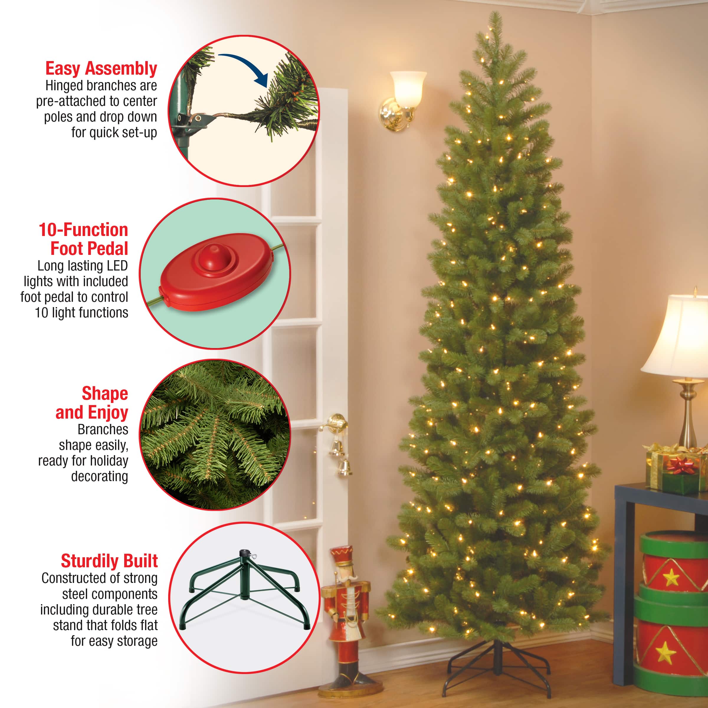 9 ft. Pre-lit Feel Real® Downswept Douglas Fir Pencil Artificial Christmas Tree, Dual Color® LED Lights