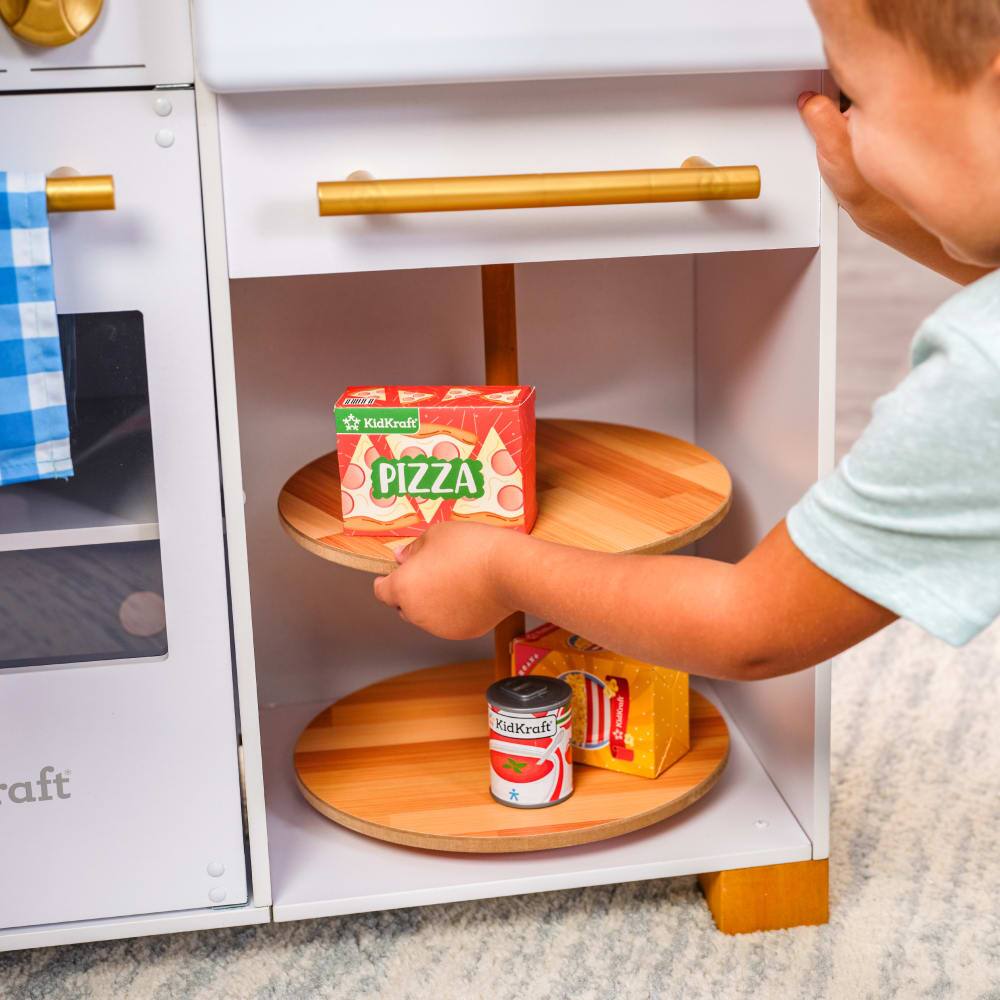 KidKraft Simply Stylish Wooden Play Kitchen Set with Lights, Choppable Food & Accessories