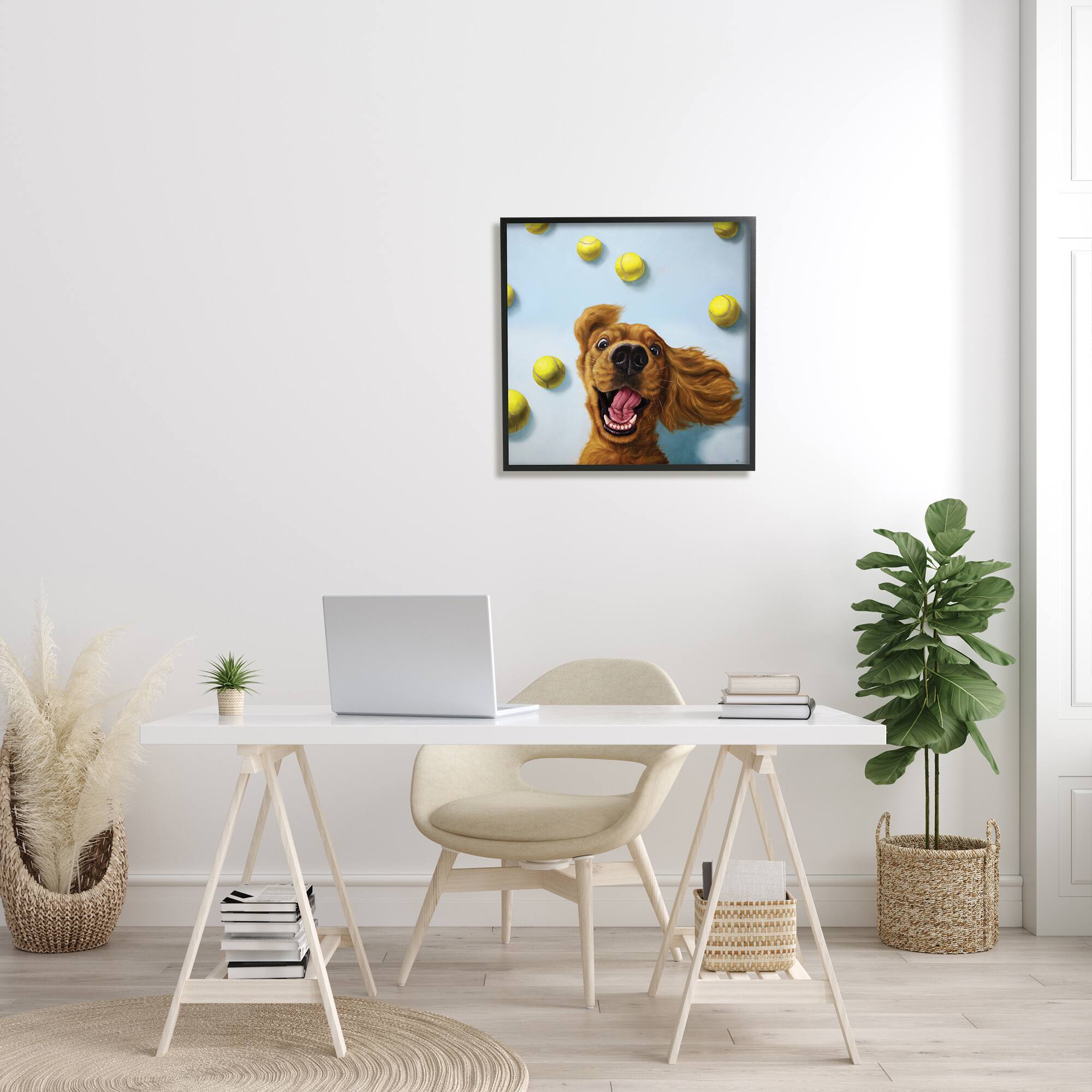 Stupell Industries Happy Smiling Pet Dog with Yellow Tennis Balls in Frame Wall Art