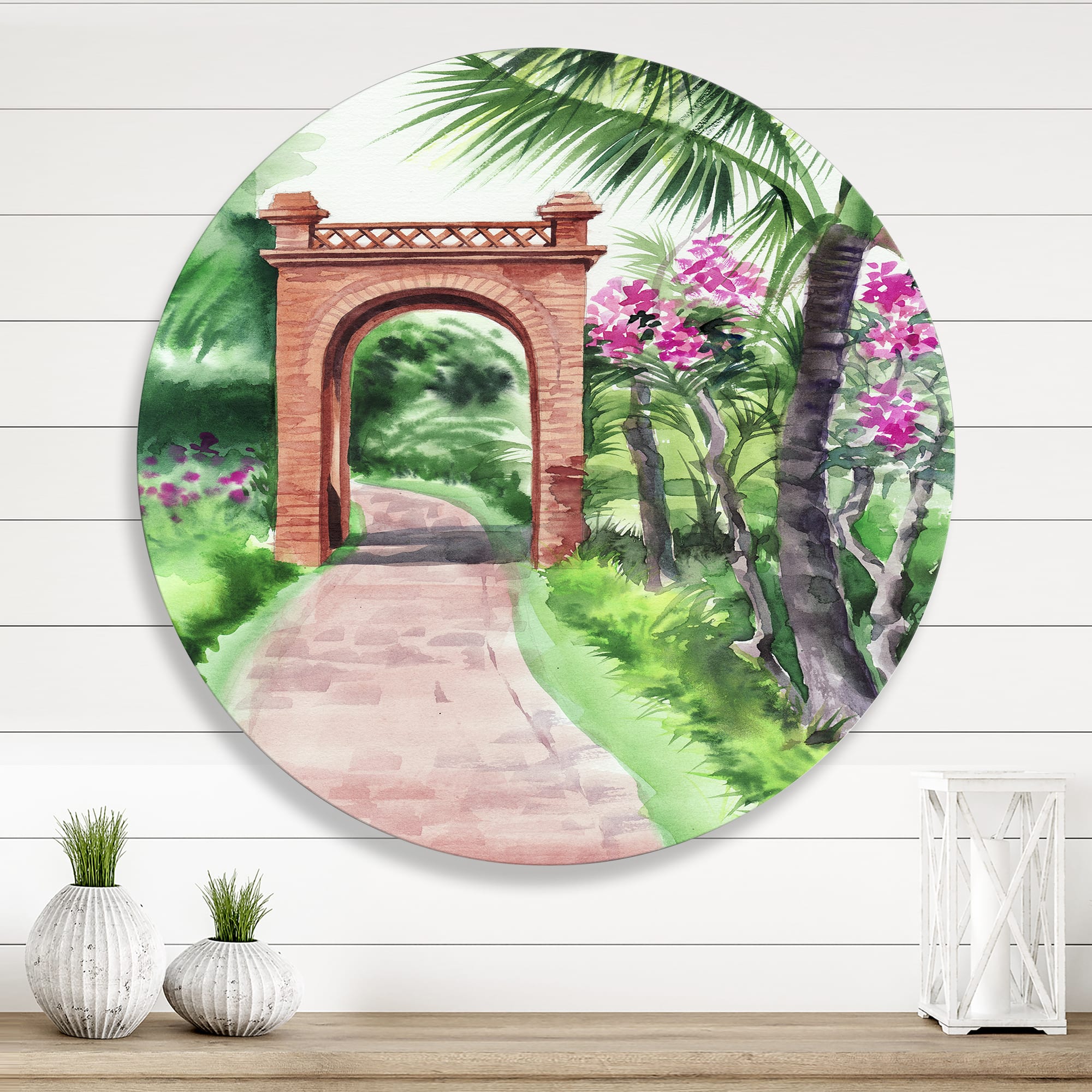 Designart - Traditional Gate In Tropical Oasis - Tropical Metal Circle Wall Art