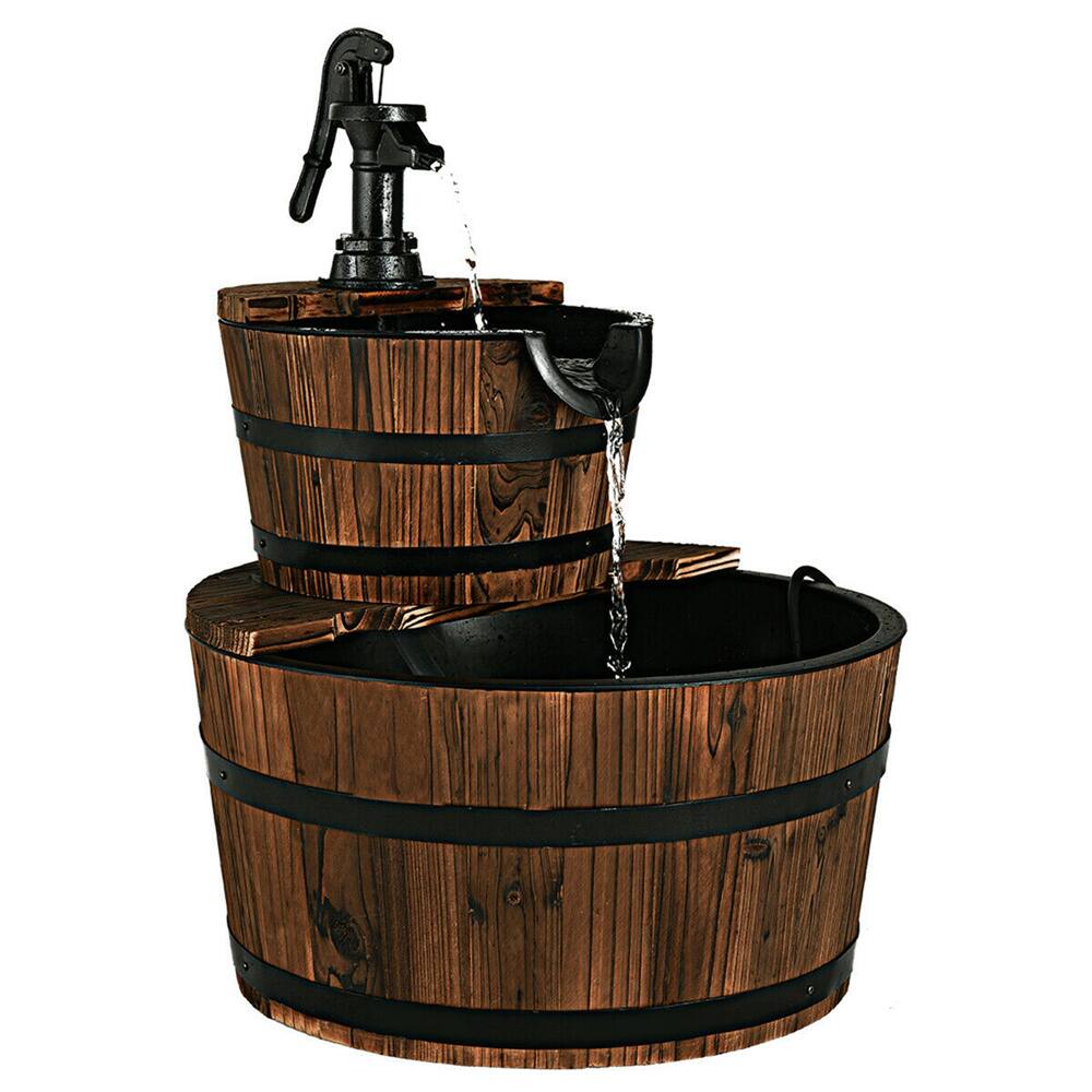 Costway 2-Tier Barrel Wooden Waterfall Fountain