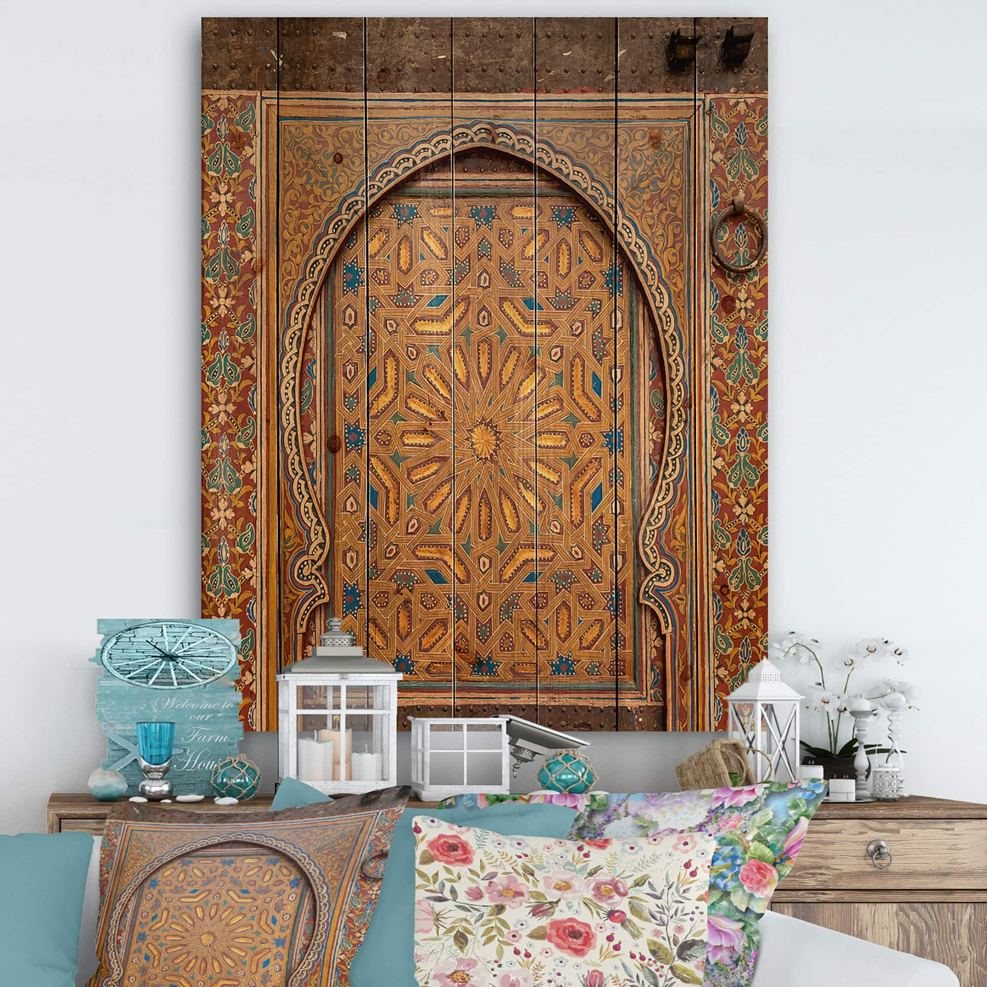 Designart - Ancient Door Painting Morroco - Vintage Print on Natural Pine Wood