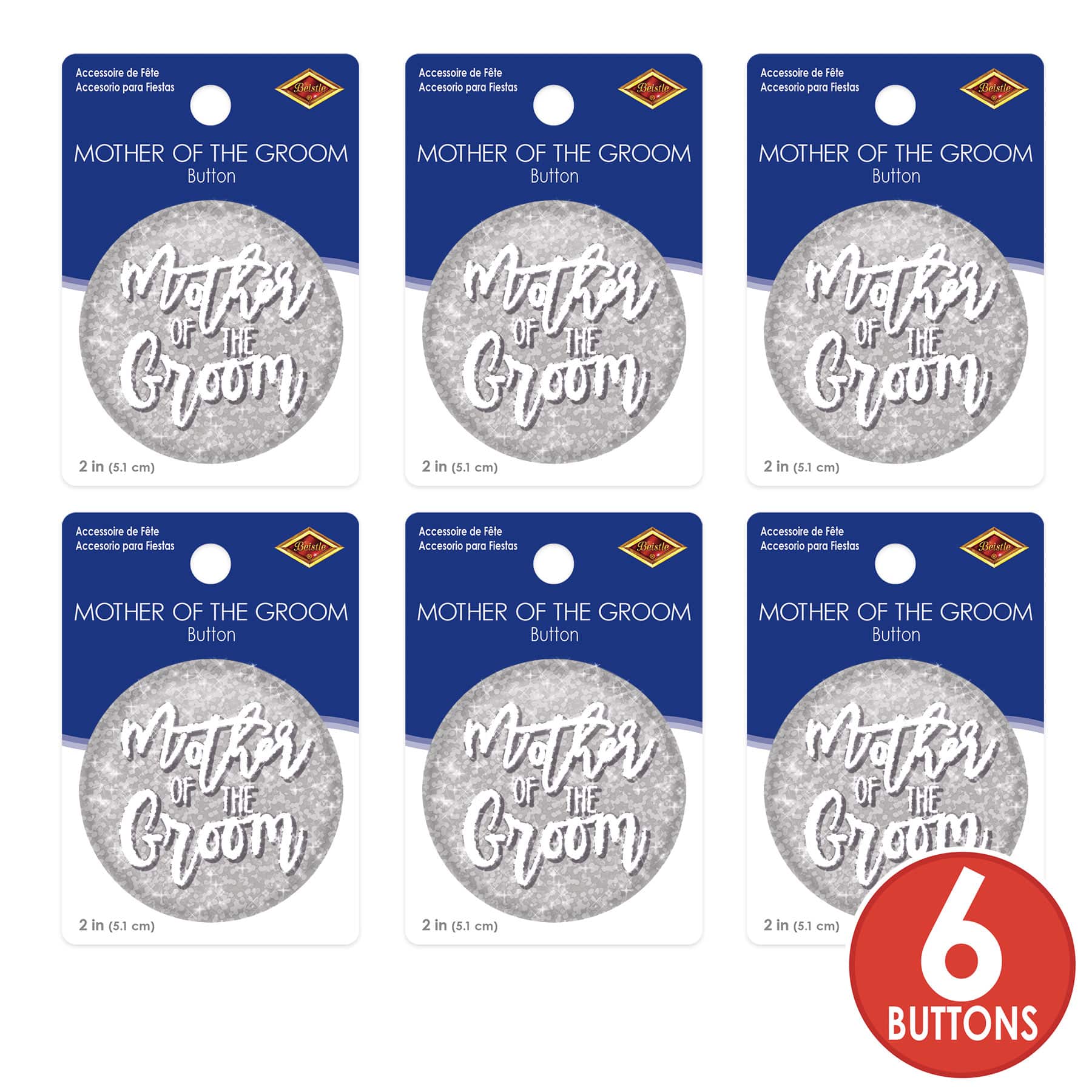 Beistle 2" Silver Sparkle Mother of the Groom Buttons, 6ct.