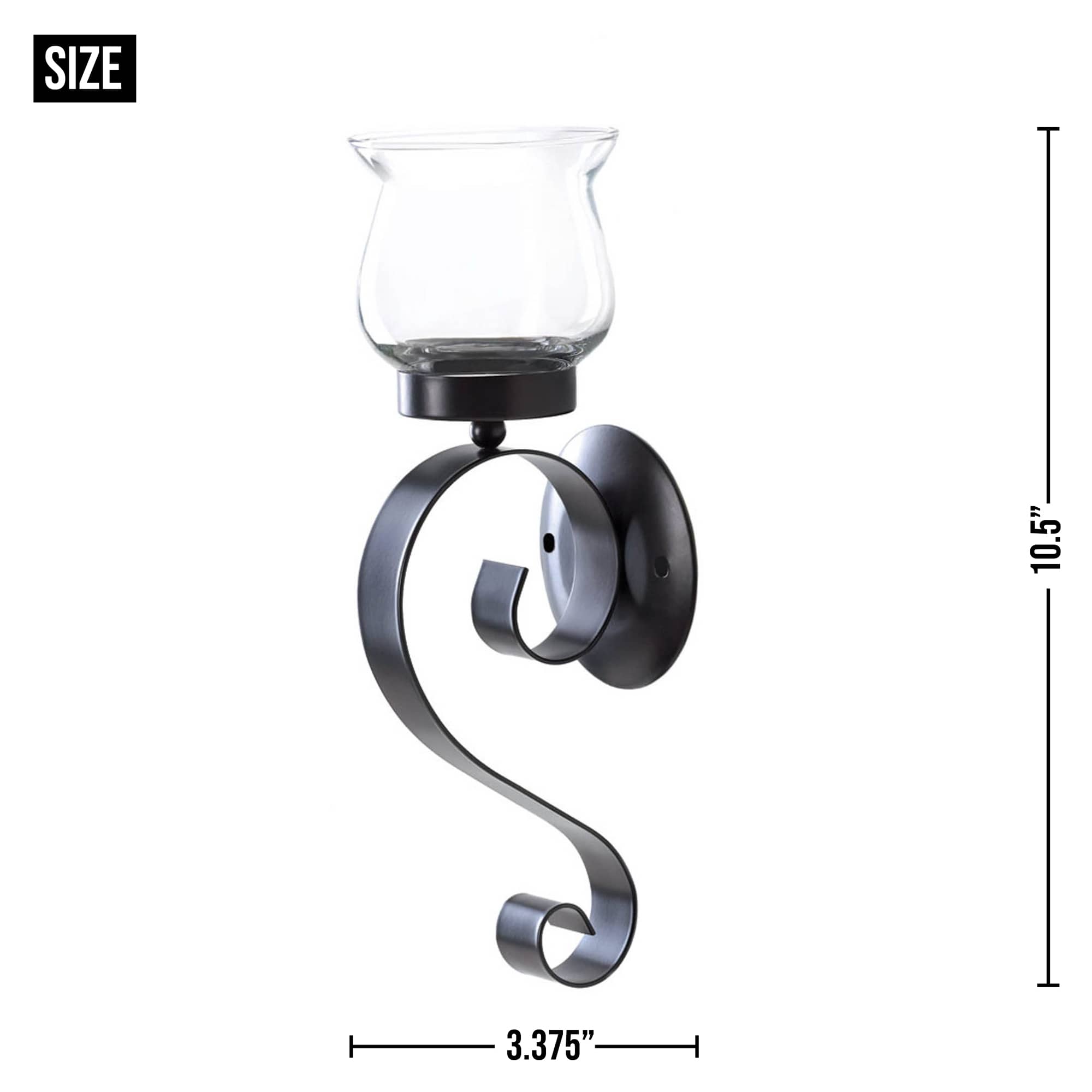 10.5" Black Rustic Iron and Glass Scrolling Candle Holder Wall Sconce