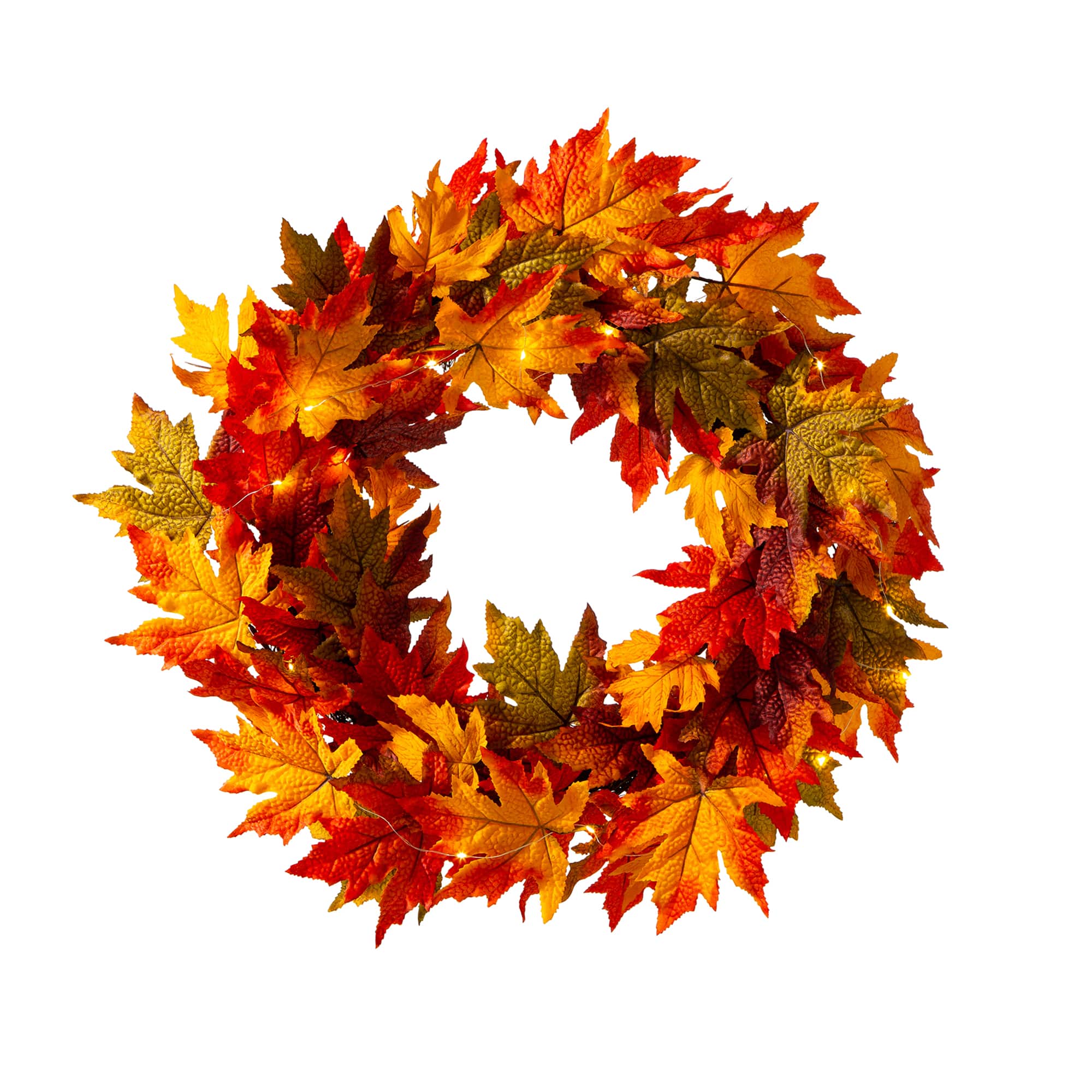 Glitzhome® 24" Fall Lighted Maple Leaves Wreath with Timer