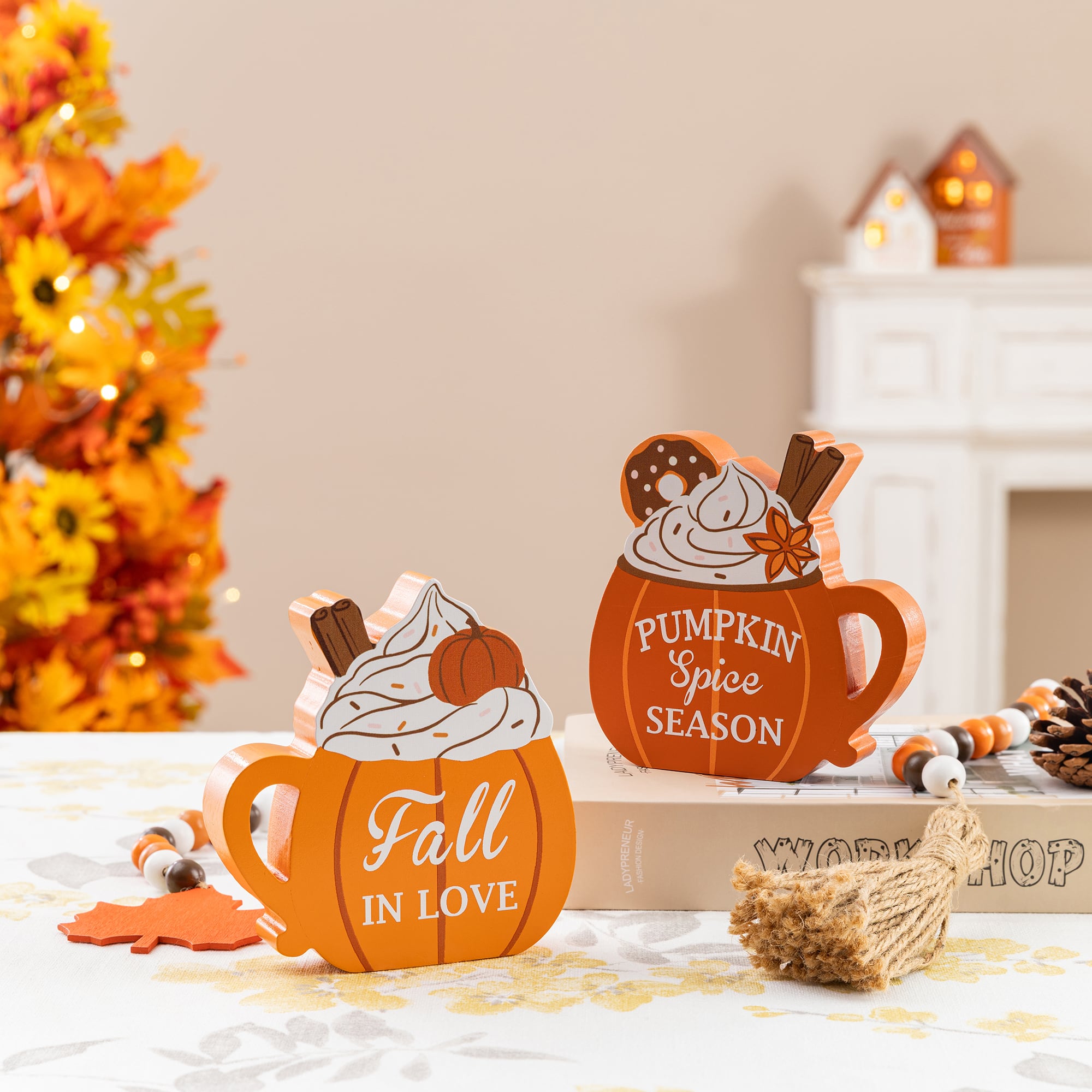 Glitzhome® Set of 2 Fall Wood Pumpkin Coffee Mug Table Decor