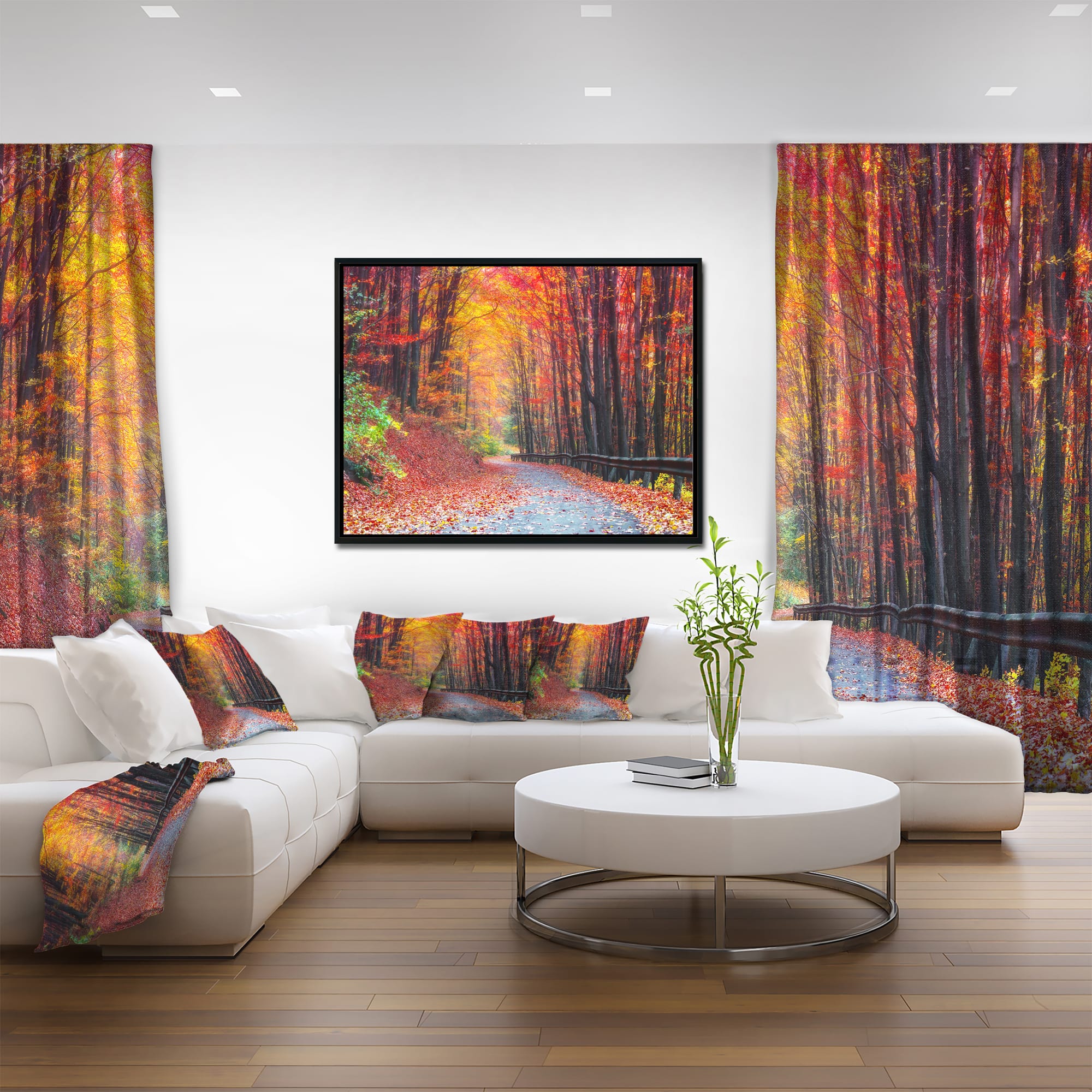 Designart - Road in Beautiful Autumn Forest - Modern Forest Framed Canvas Art