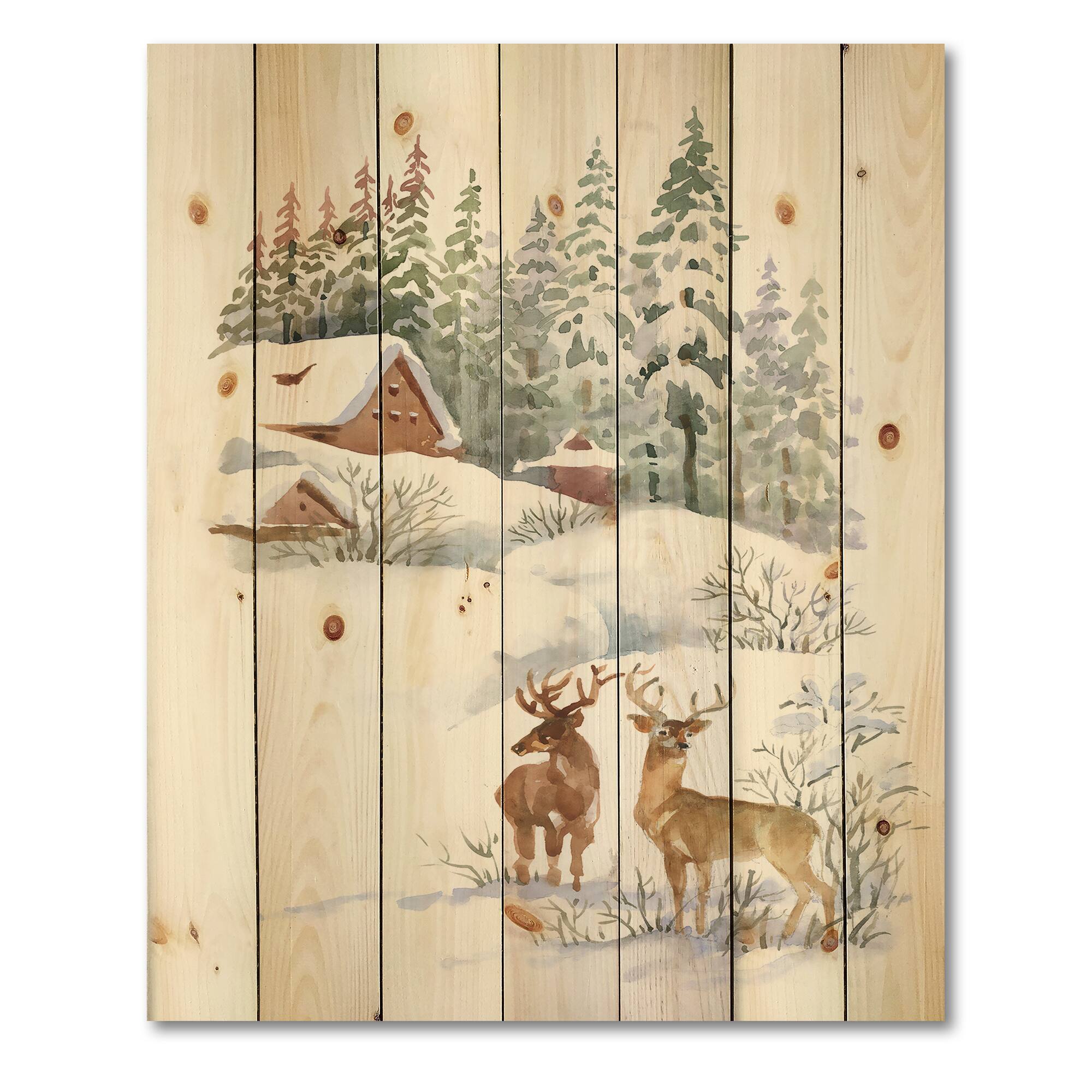 Designart - Winter Cottage With Two Deers - Farmhouse Print on Natural Pine Wood