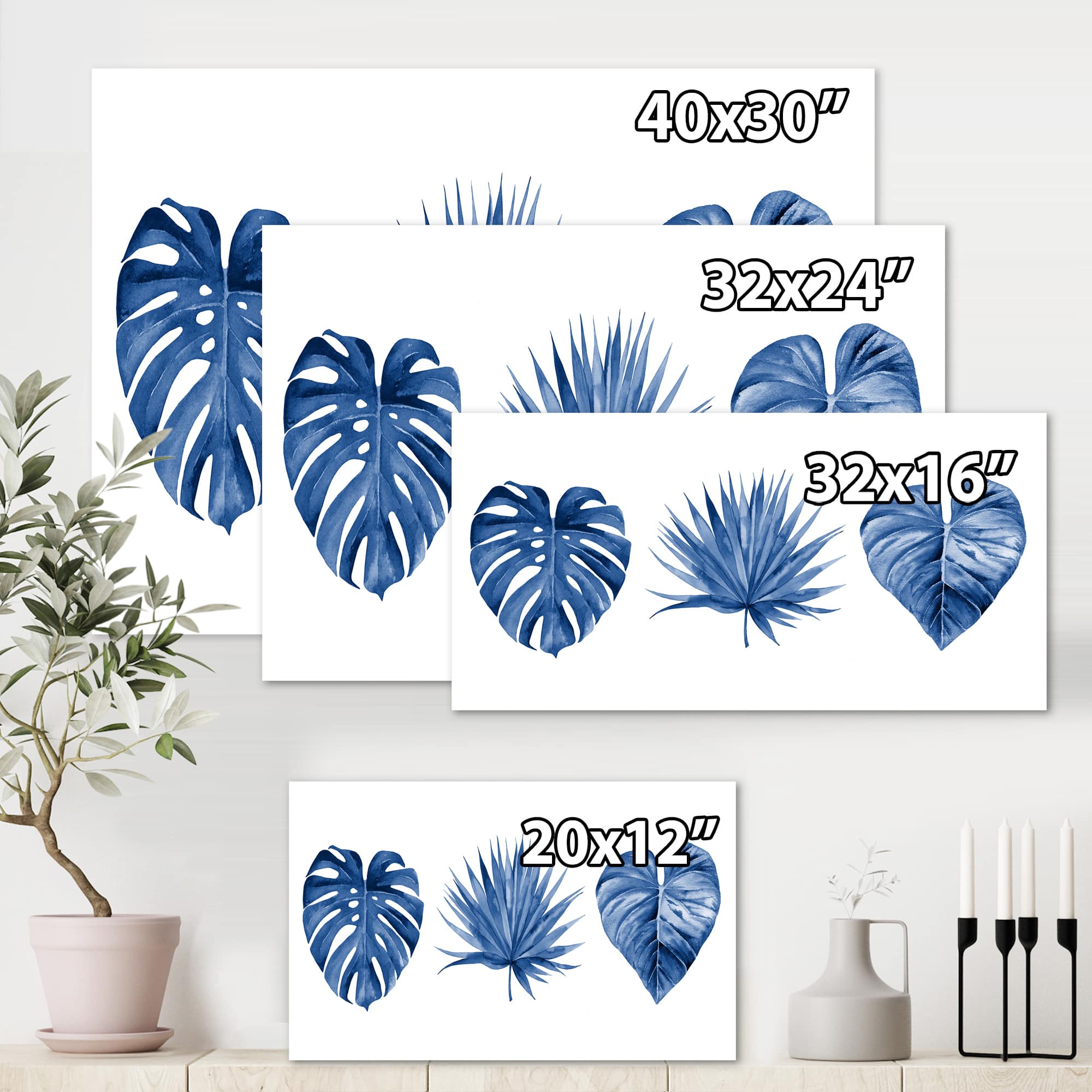 Designart - Classic Blue Tropical Leaves - Tropical Canvas Wall Art Print