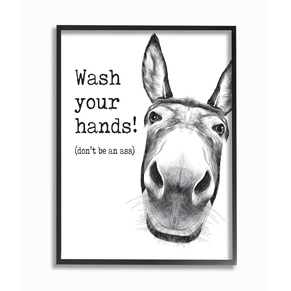 Stupell Industries Wash Your Hands Donkey Quote Bathroom Animal Humor Framed Wall Art