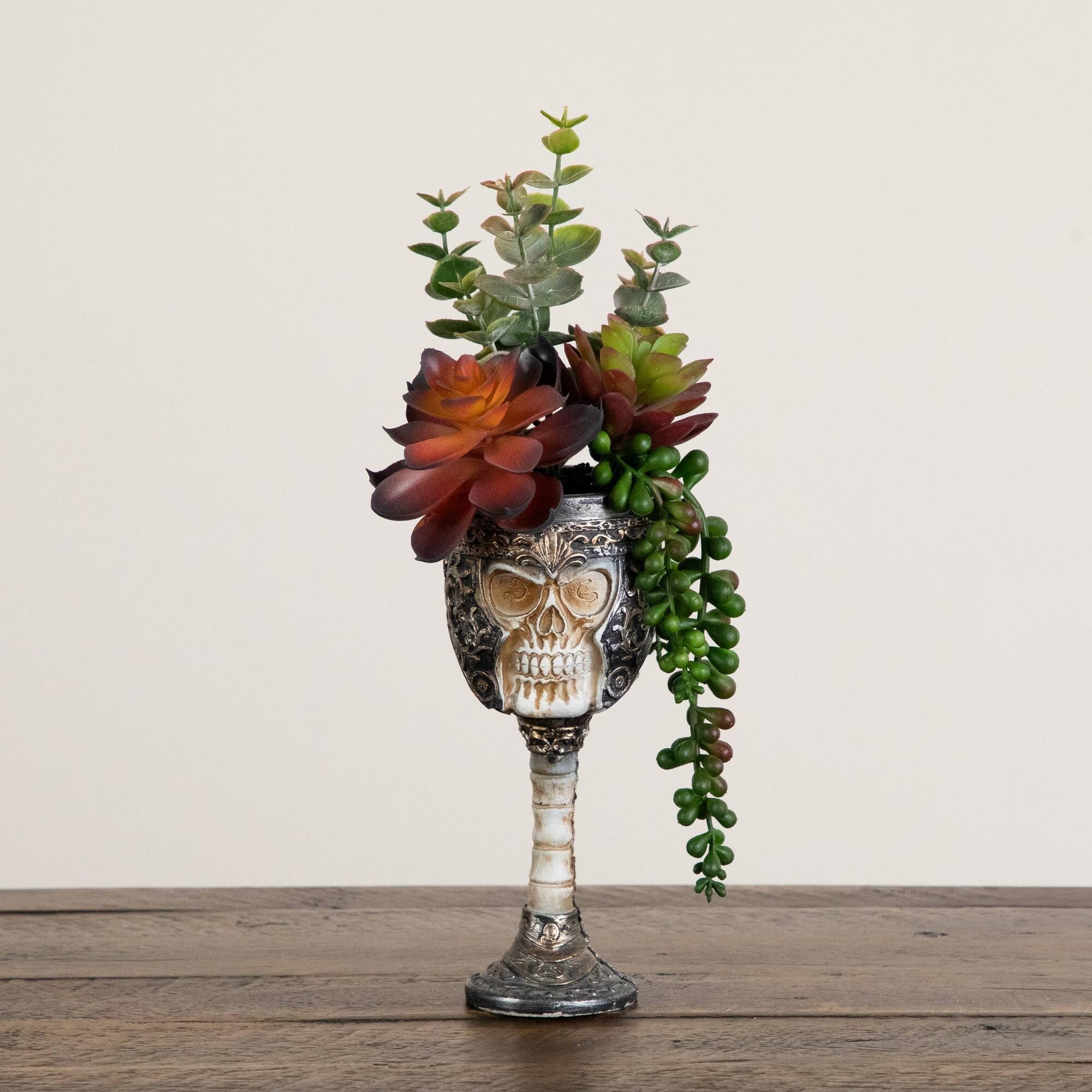 11" Artificial Halloween Succulent Garden in Skull Chalice Planter