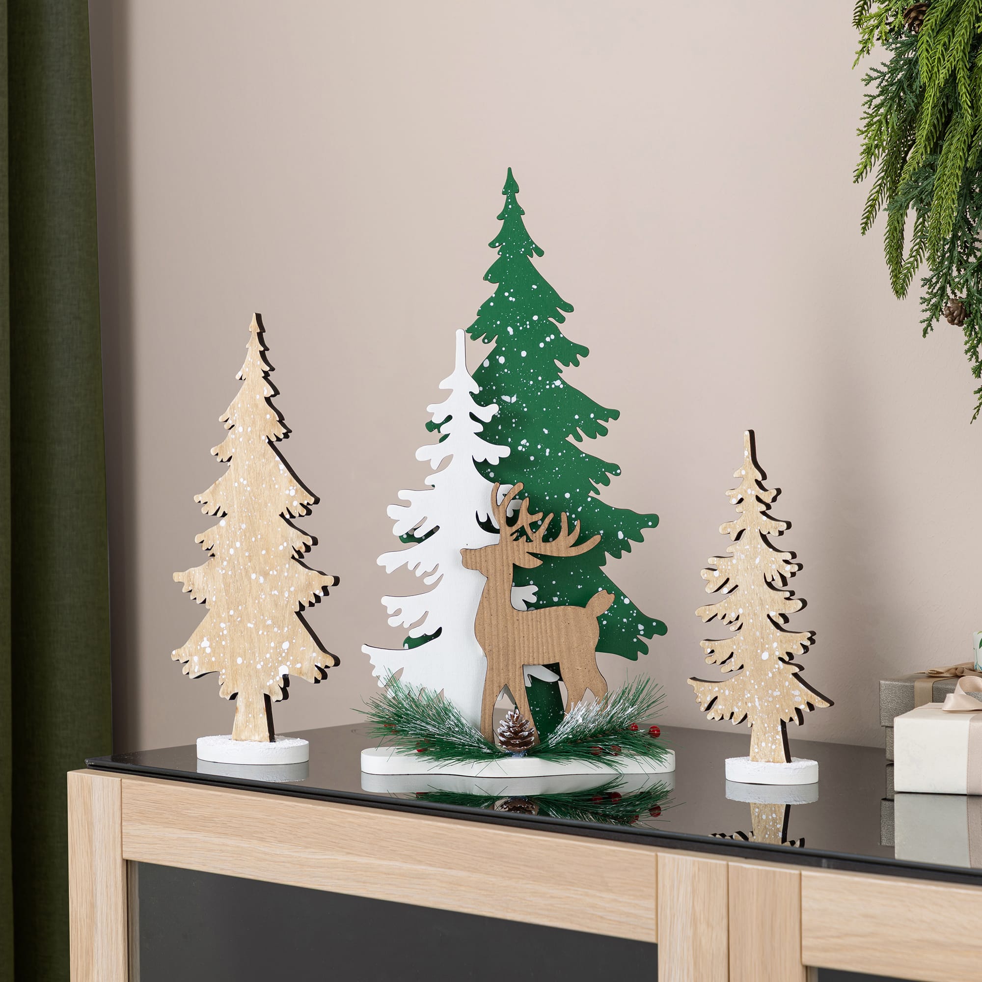 Glitzhome® Set of 3 Wooden Christmas Reindeer & Tree Table Decor