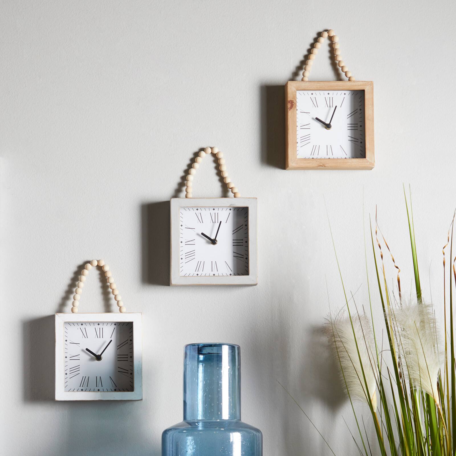 12" White Wood Wall Clock with Rope Strap Set