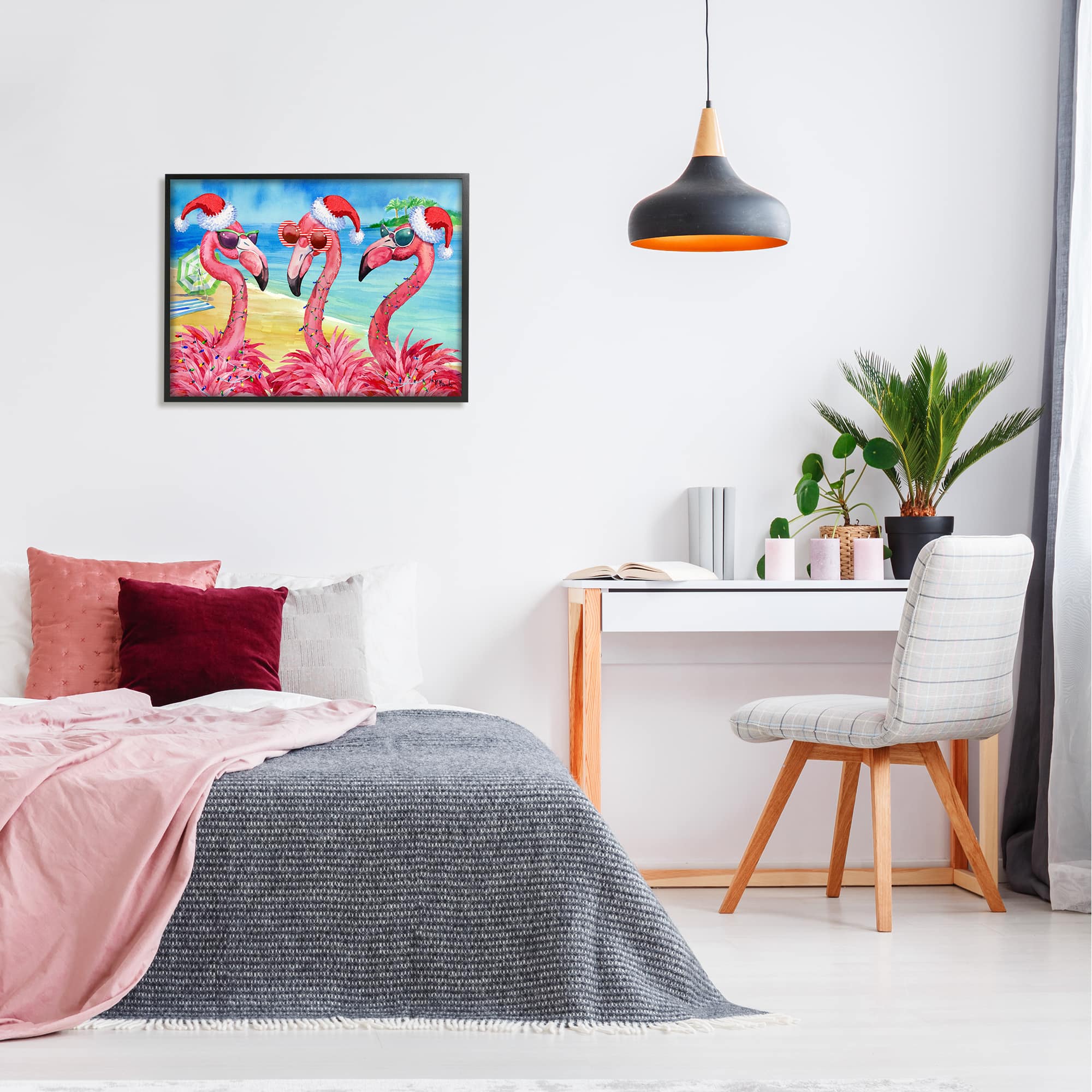 Stupell Industries Holiday Lights Flamingos Beach Framed Giclee Art