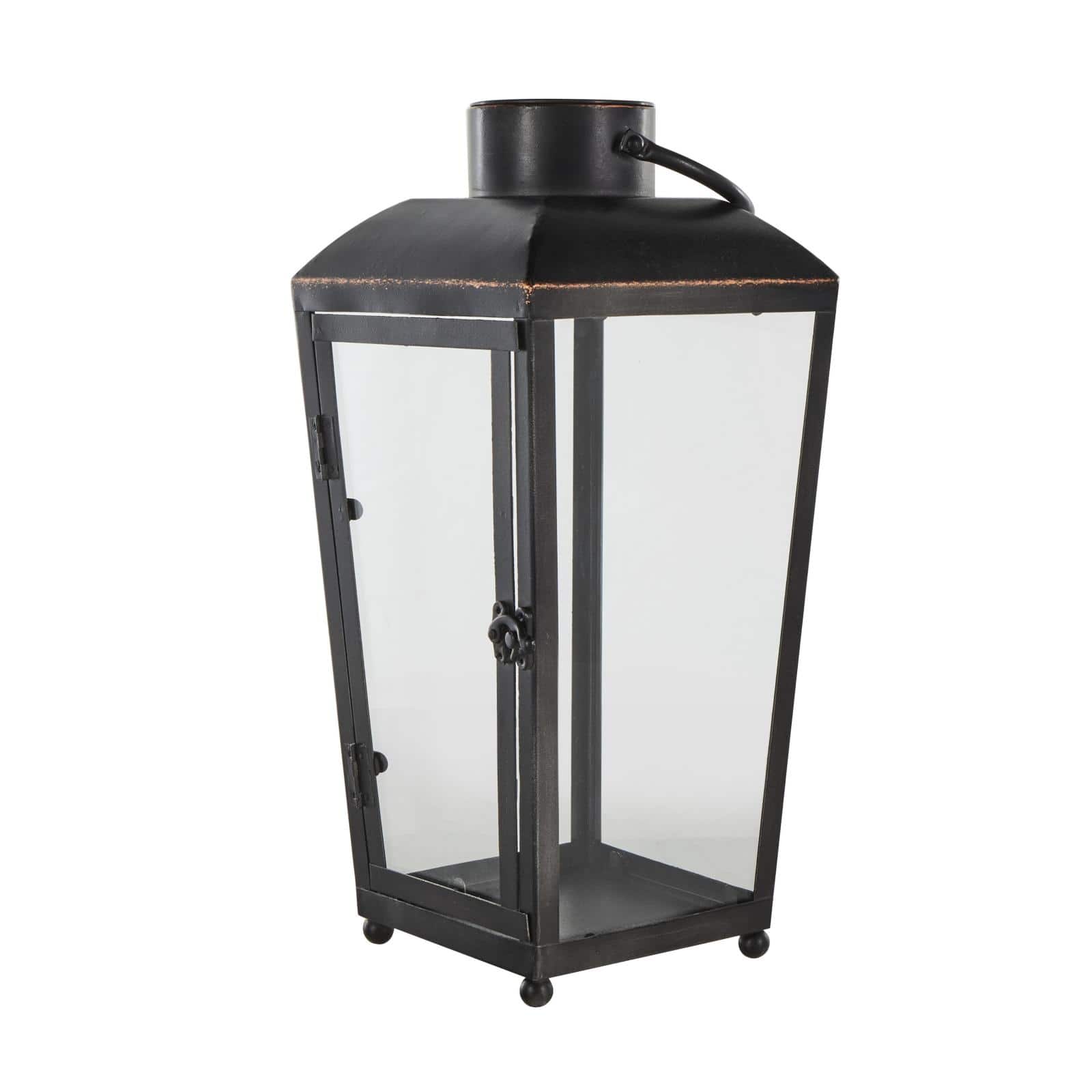 16" Black Metal Modern Candle Lantern with Gold Accents
