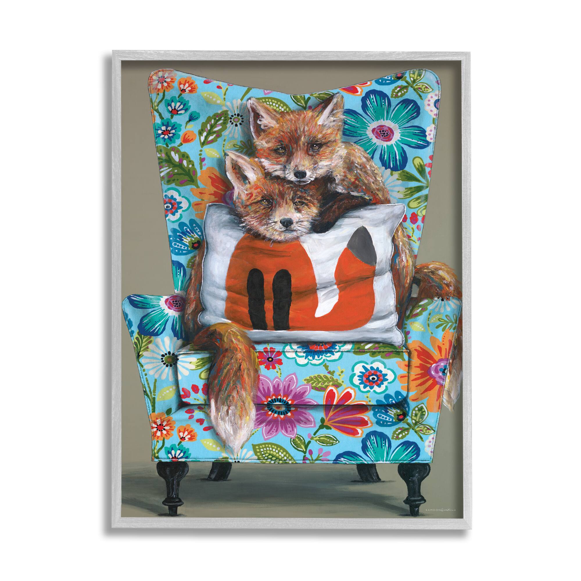 Stupell Industries Red Fox Pair Sitting Chair Spring Floral Pattern Framed Wall Art