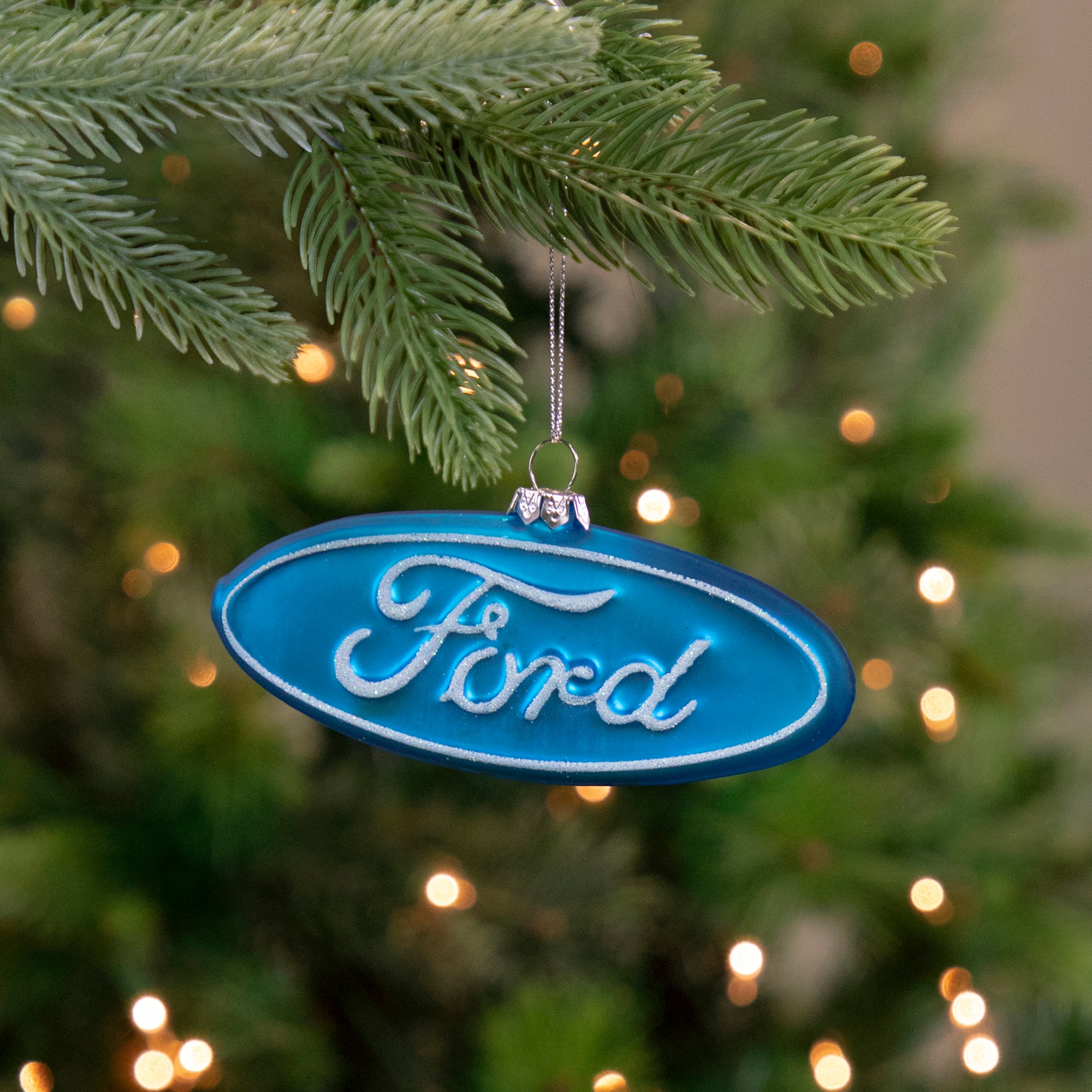 5" Glittered Blue & White Ford Logo Glass Ornament