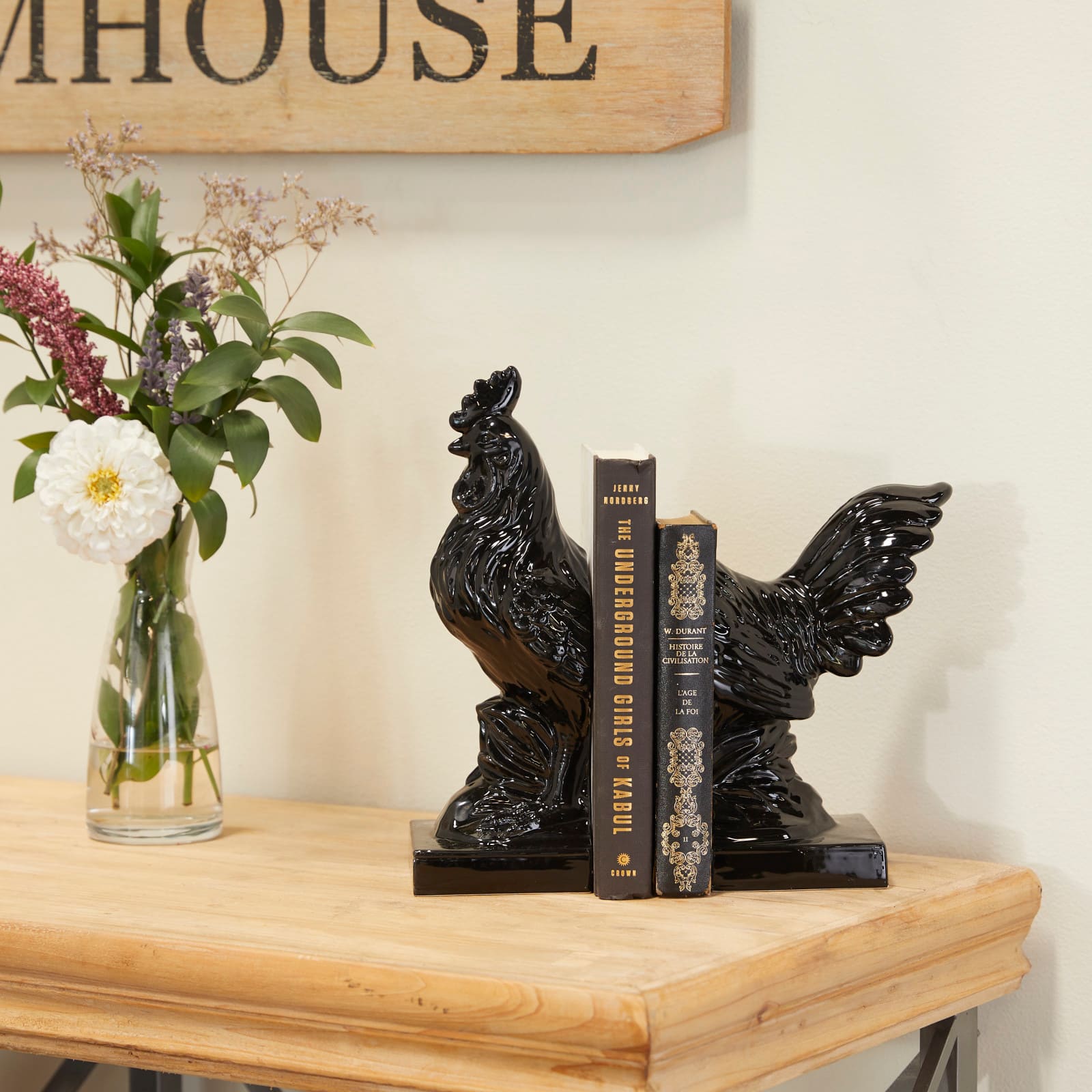 Modern Rooster Farmhouse Dolomite Bookend Set