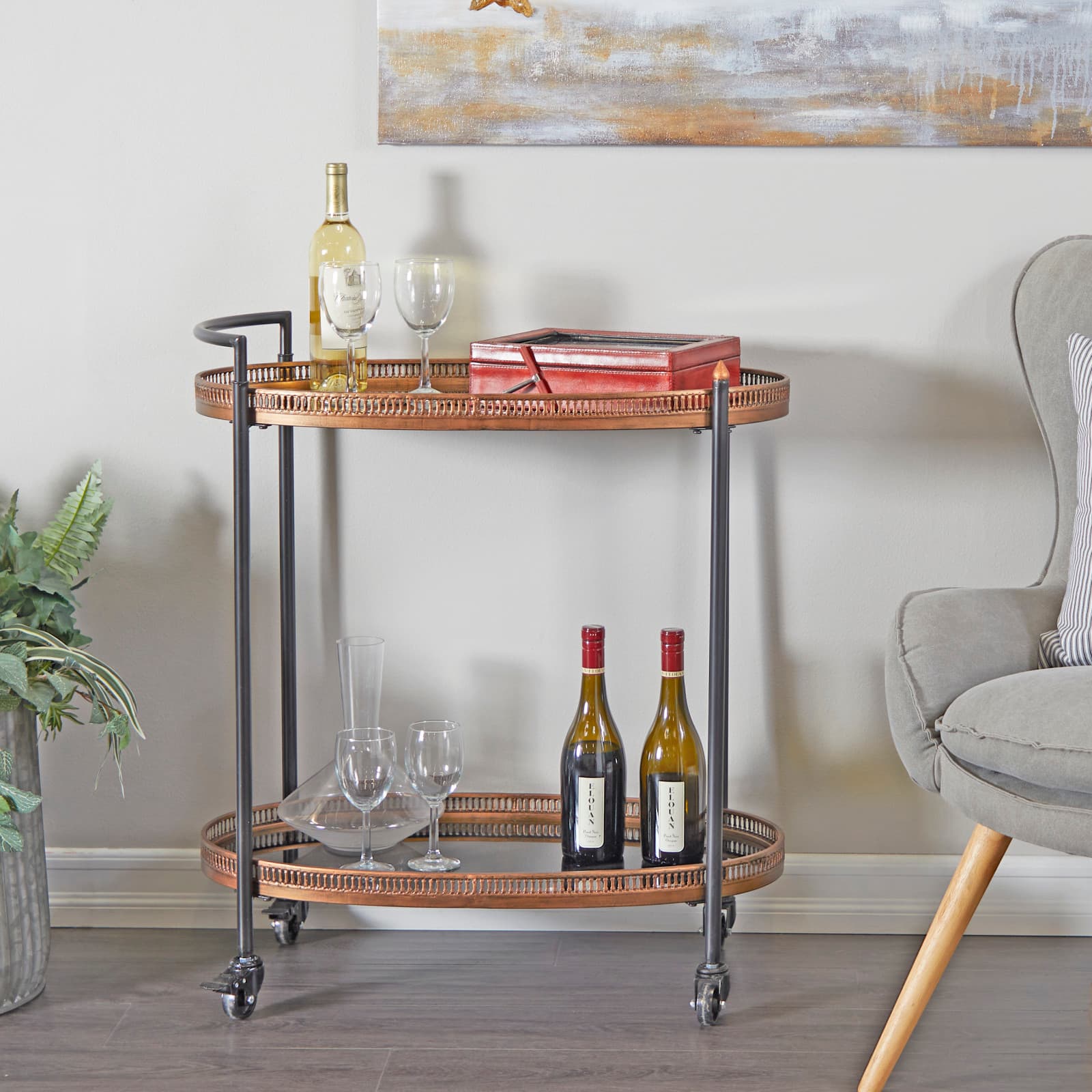 Brass Metal Rolling 2 Mirrored Shelves Bar Cart with Handle 30" x 16" x 34"
