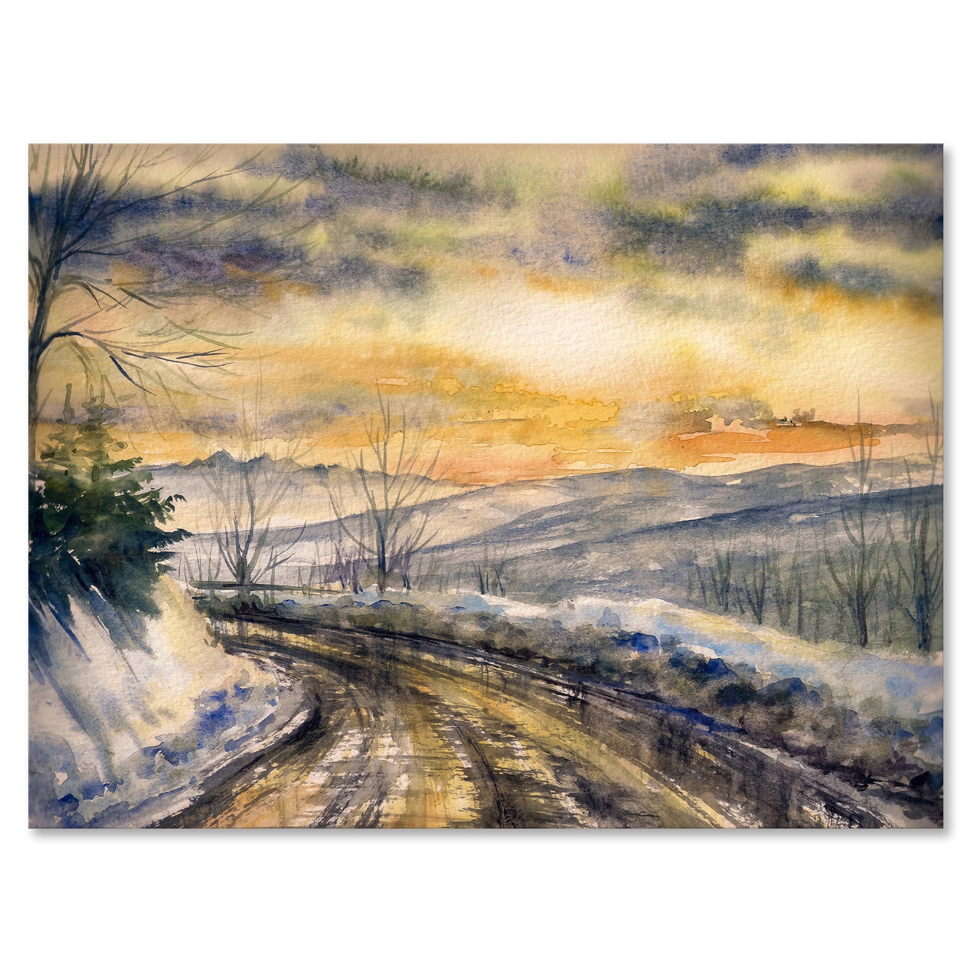 Designart - Winter Landscape With Road Under Bright Sunset