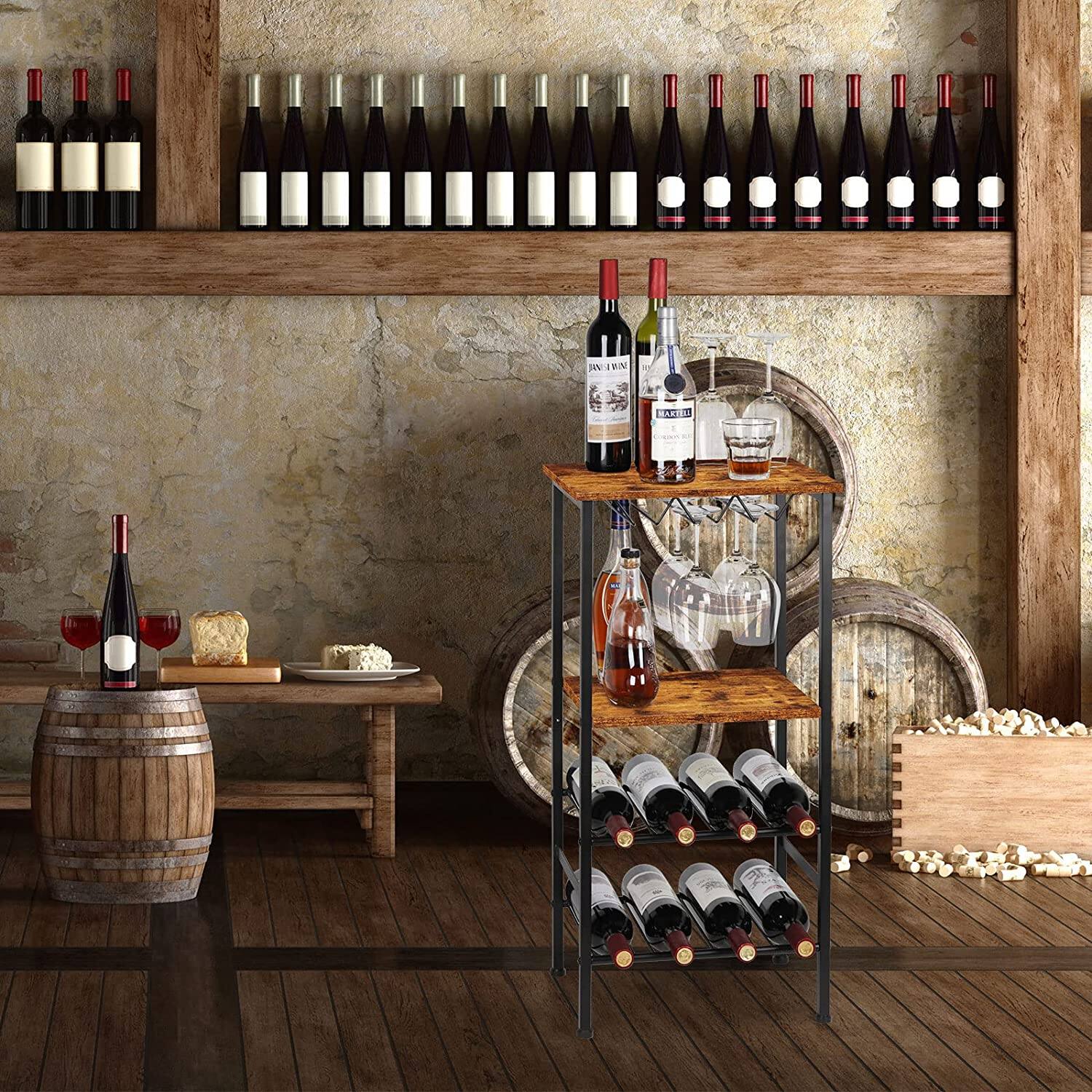 Rustic Brown Freestanding Industrial Wood Wine Rack 