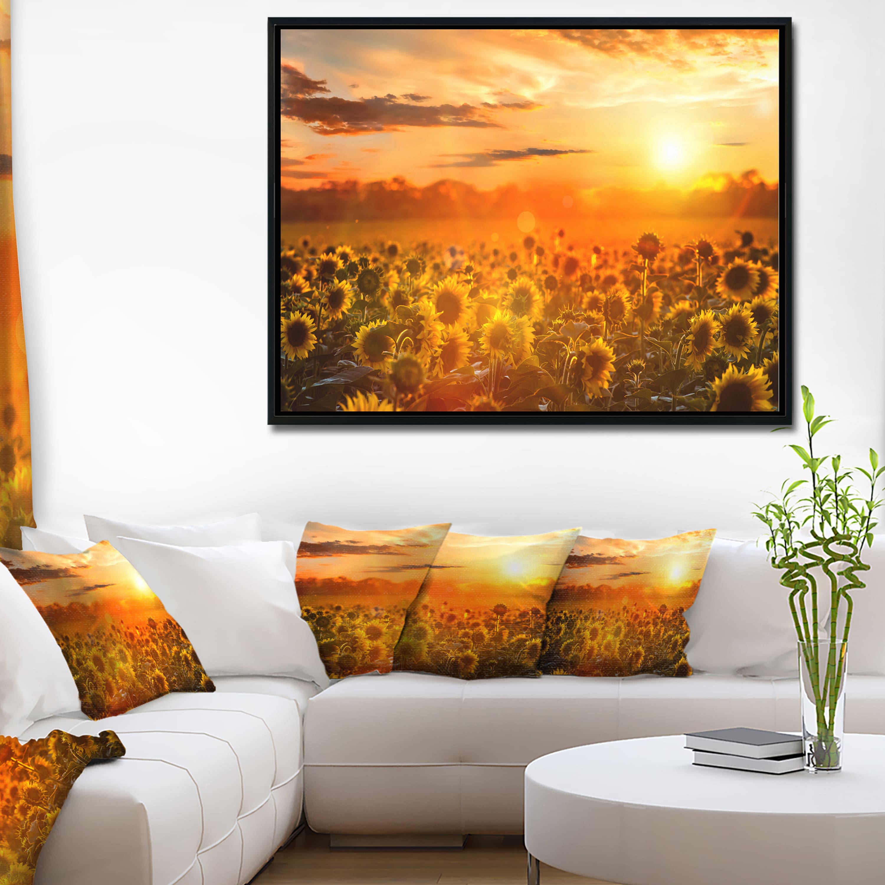 Designart - Yellow Sunset over Sunflowers - Floral Photography Framed Canvas Art