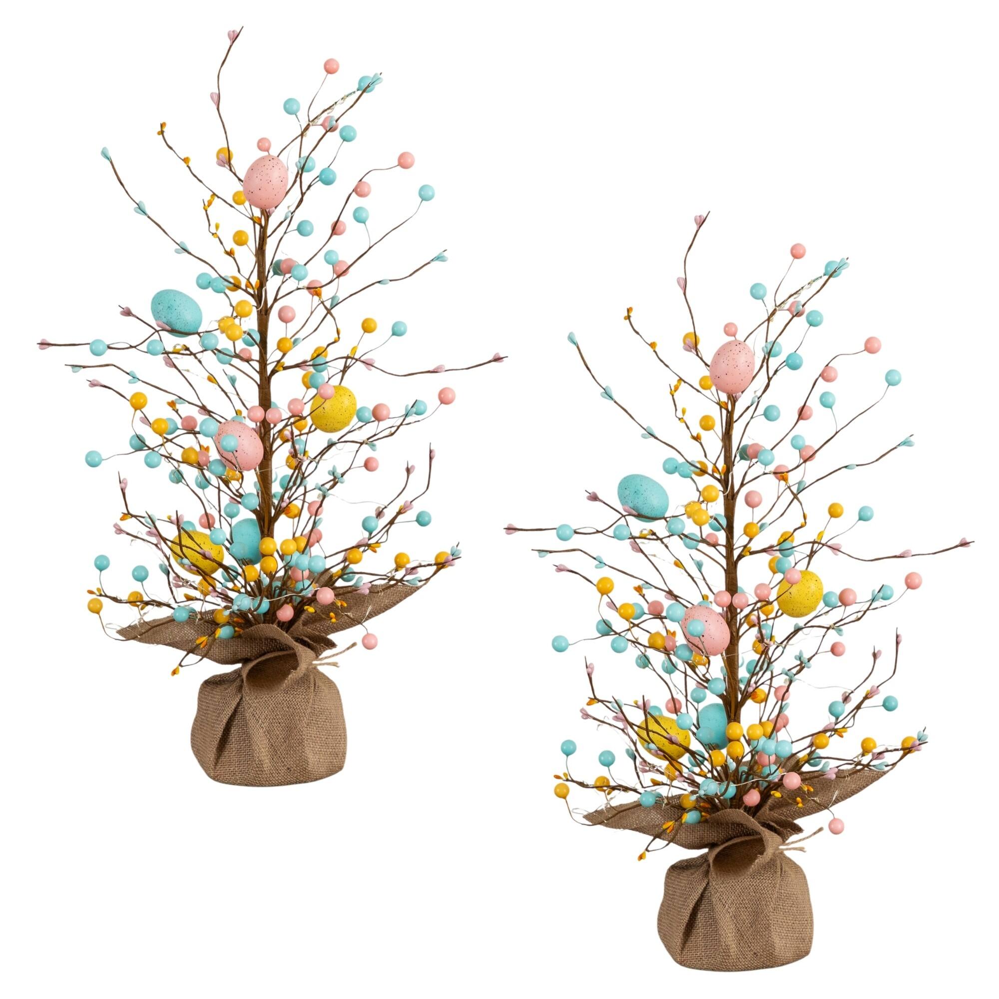 24" Pre-Lit Artificial Easter Egg Twig Tree with 30 LED Lights in Burlap Wrapped Base - Set of 2