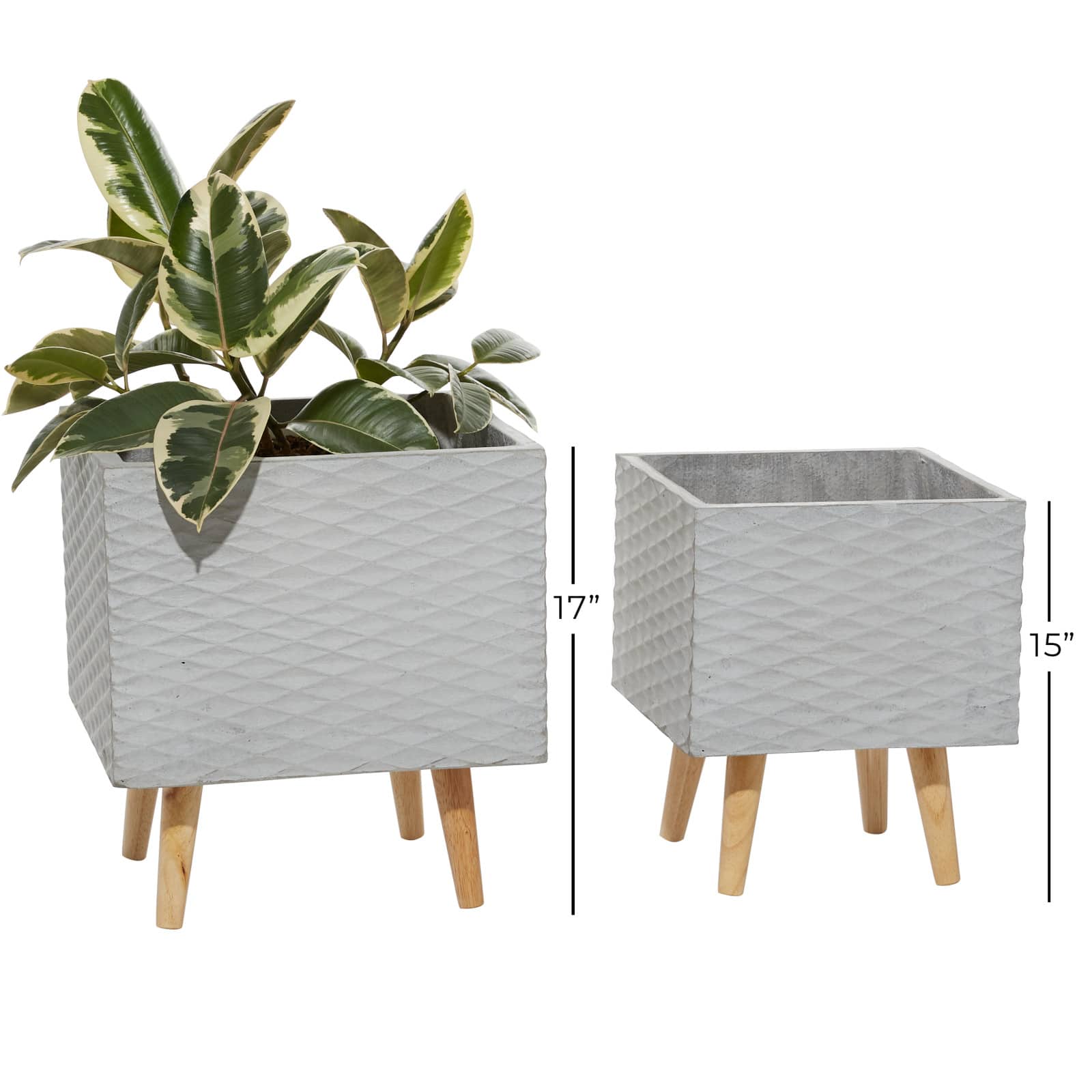 Set of 2 Grey Polystone Contemporary Planter, 15", 17"