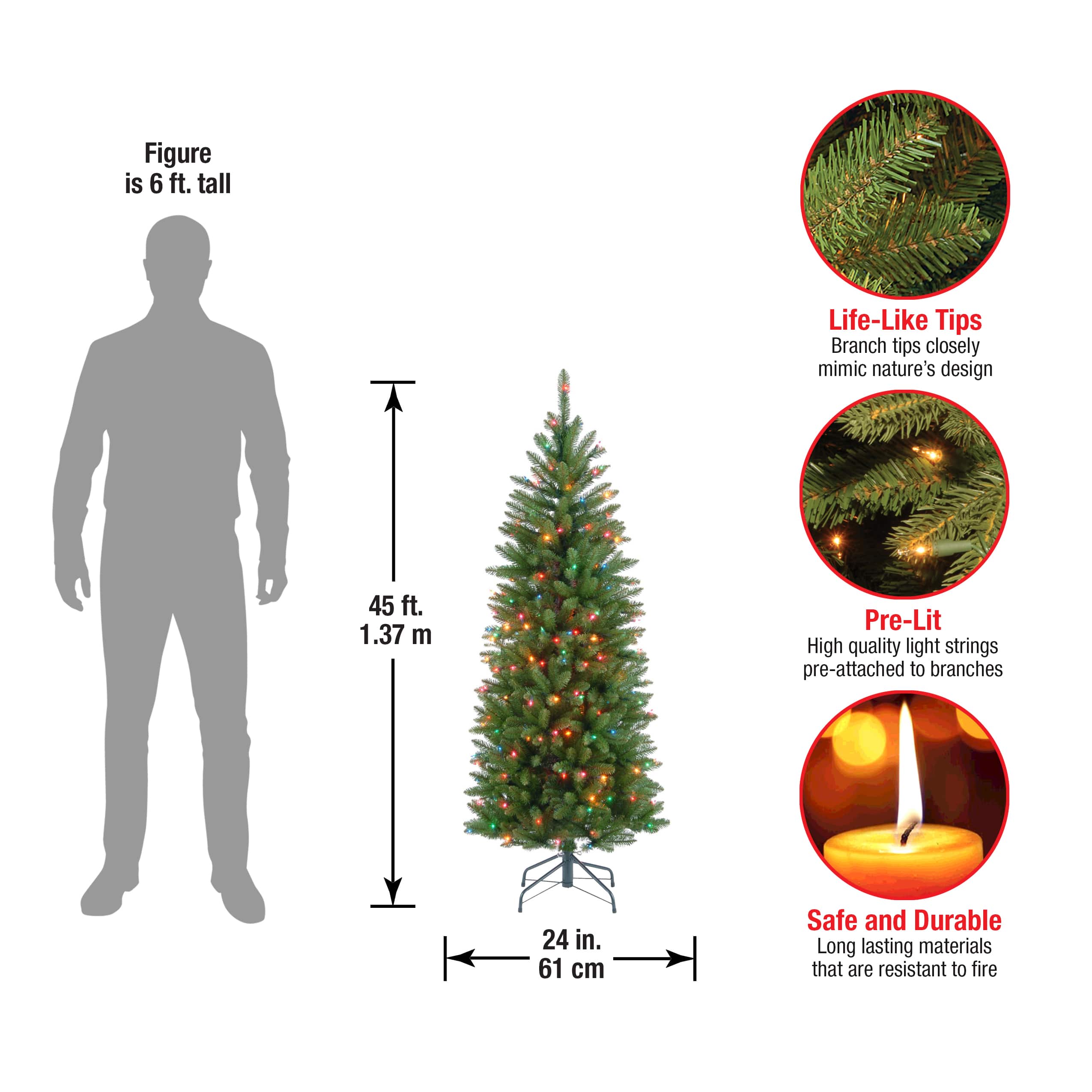 4.5 ft. Pre-lit Kingswood Fir Pencil Artificial Christmas Tree, Multicolor Lights