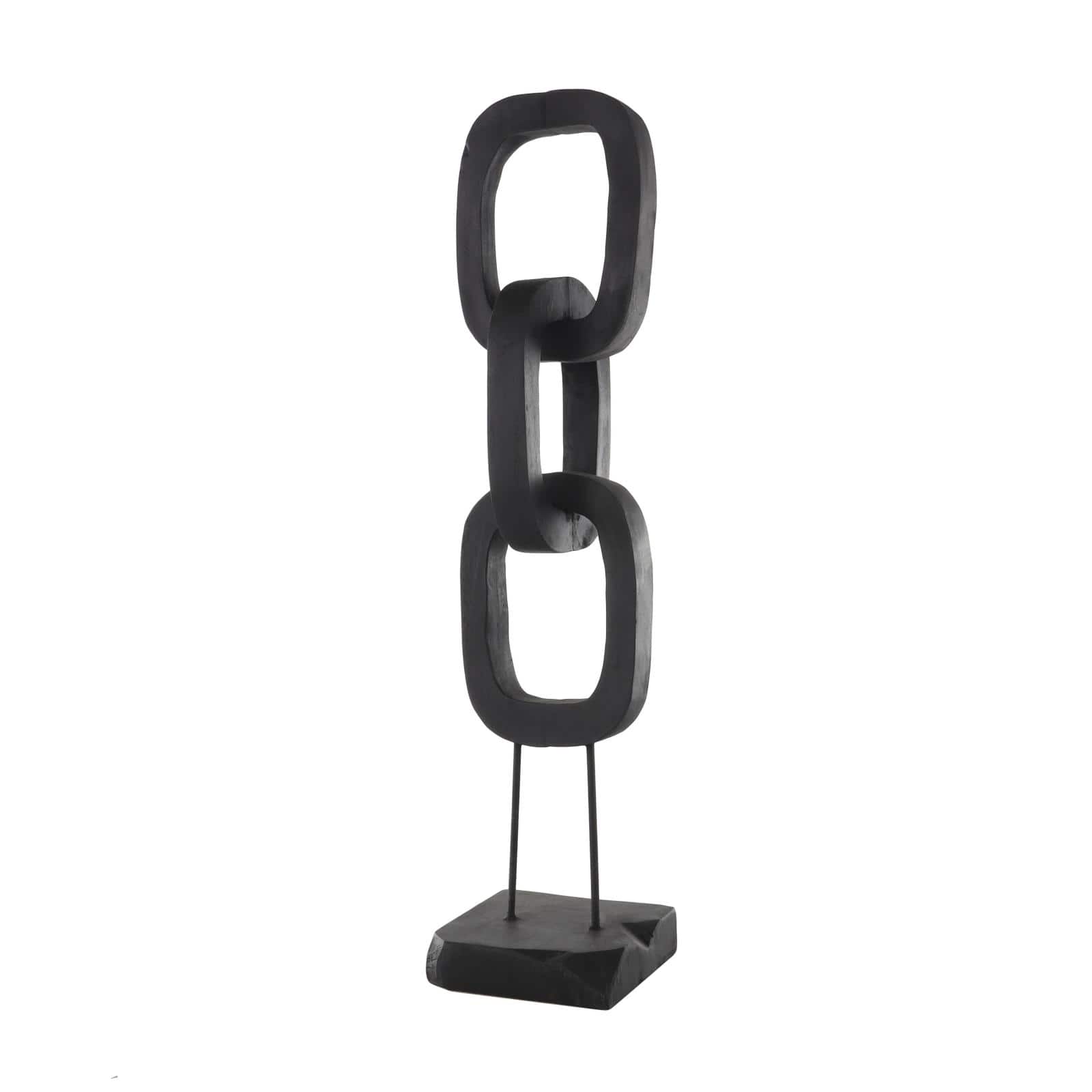 32" Black Teak Wood 3-Link Chain Sculpture with Stand