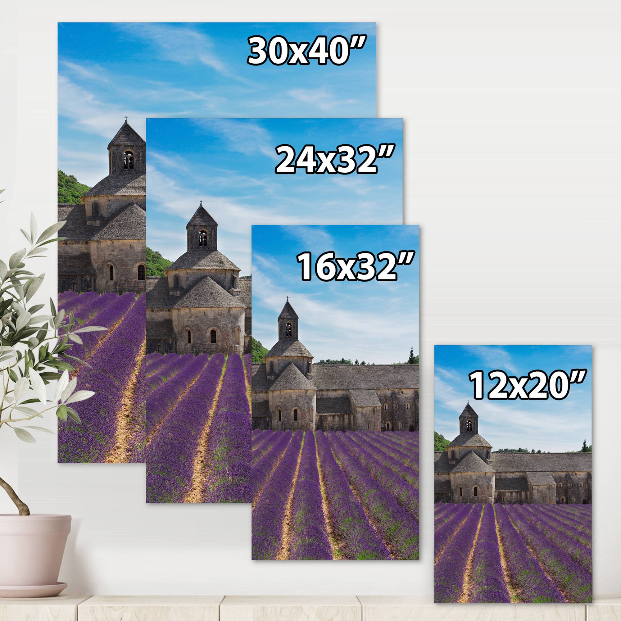 Designart - Lavender Field With Abbey In France - Farmhouse Canvas Wall Art Print