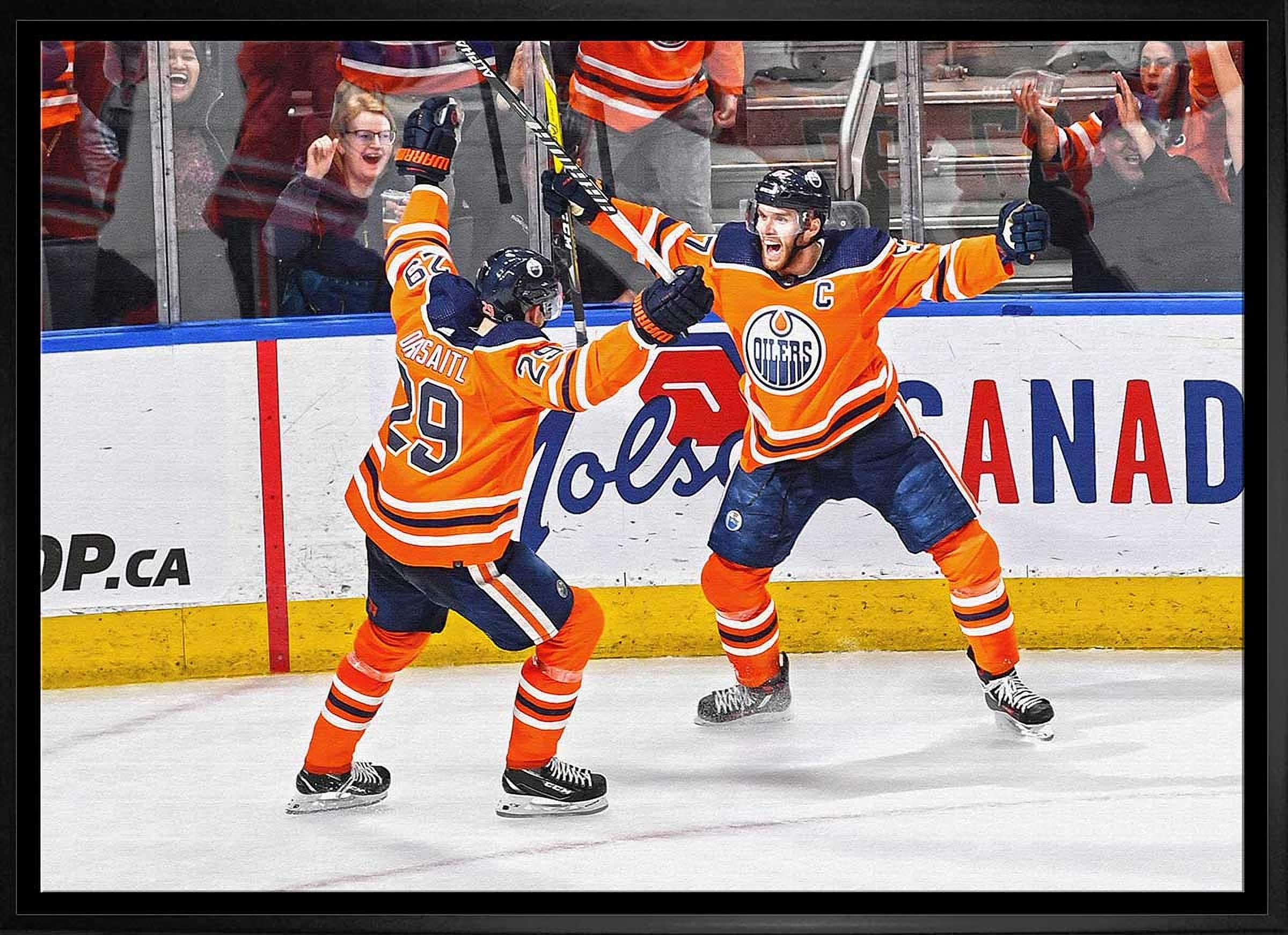Leon Draisaitl and Connor McDavid 20" x 29" Framed Canvas Oilers Celebration-H 31.5" x 22.5"