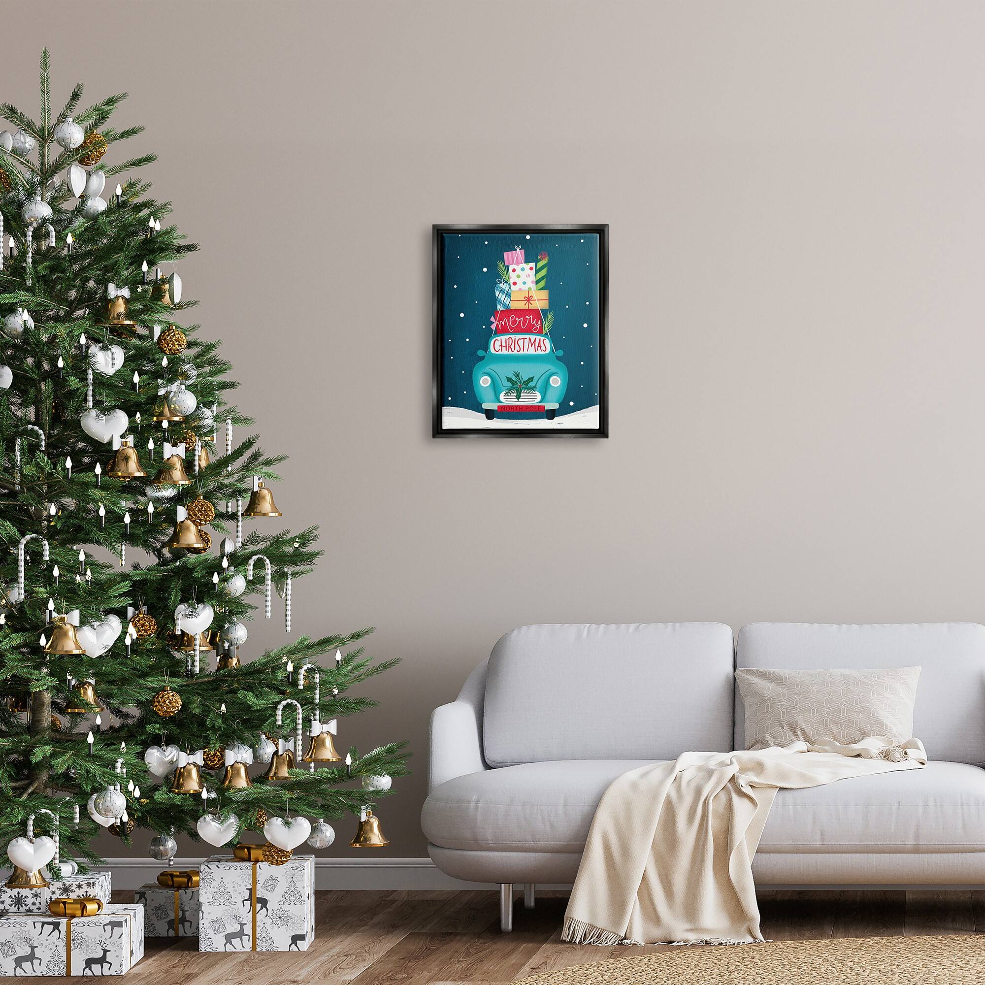 Stupell Industries Merry Christmas Stacked Gifts Car Framed Floater Canvas Wall Art